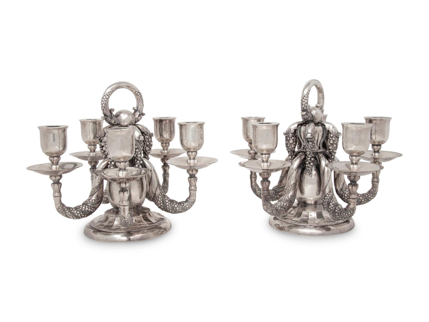 An Impressive Pair of Georg Jensen Silver Five-Light Candelabra