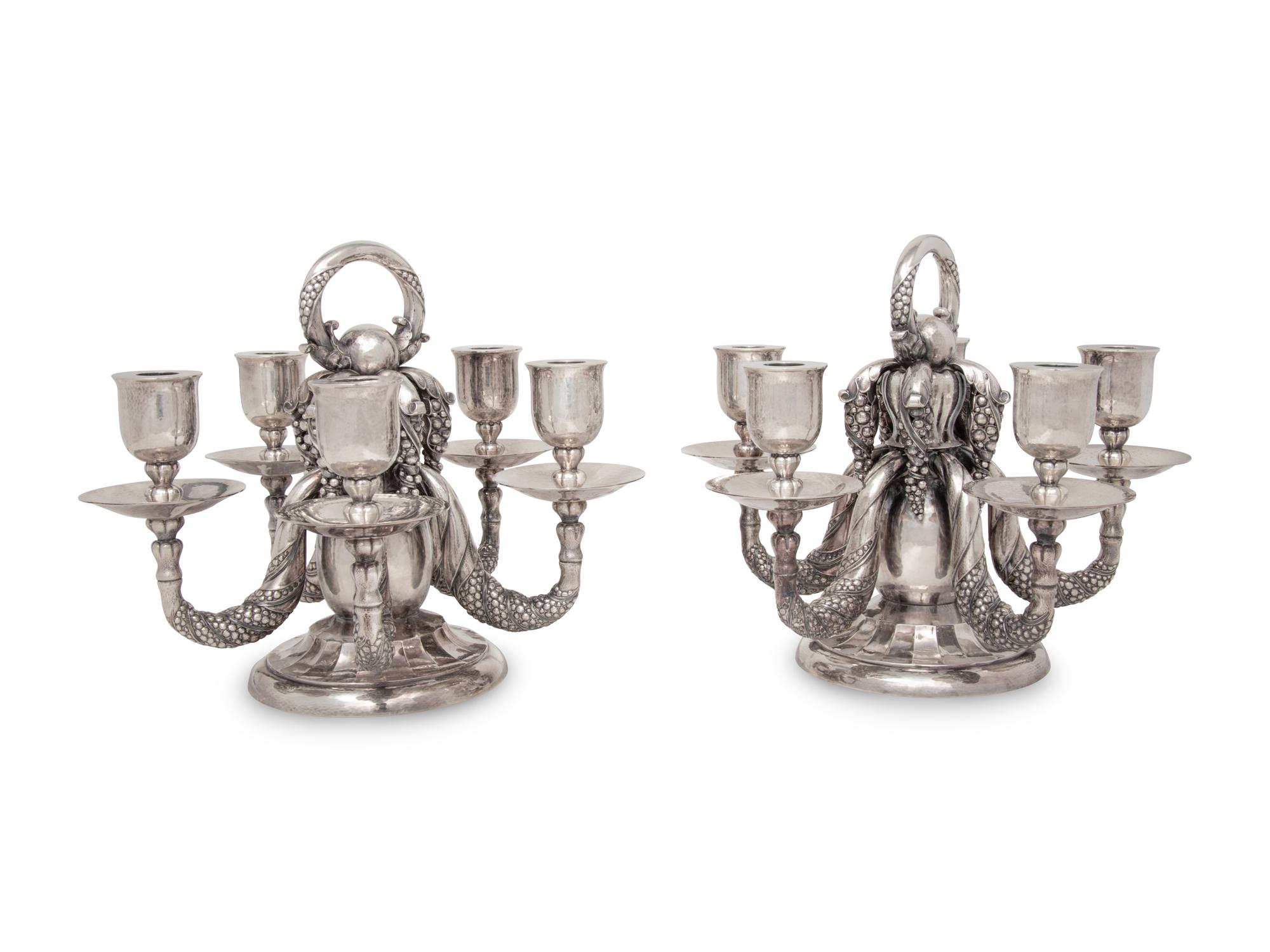 An Impressive Pair of Georg Jensen Silver Five-Light Candelabra