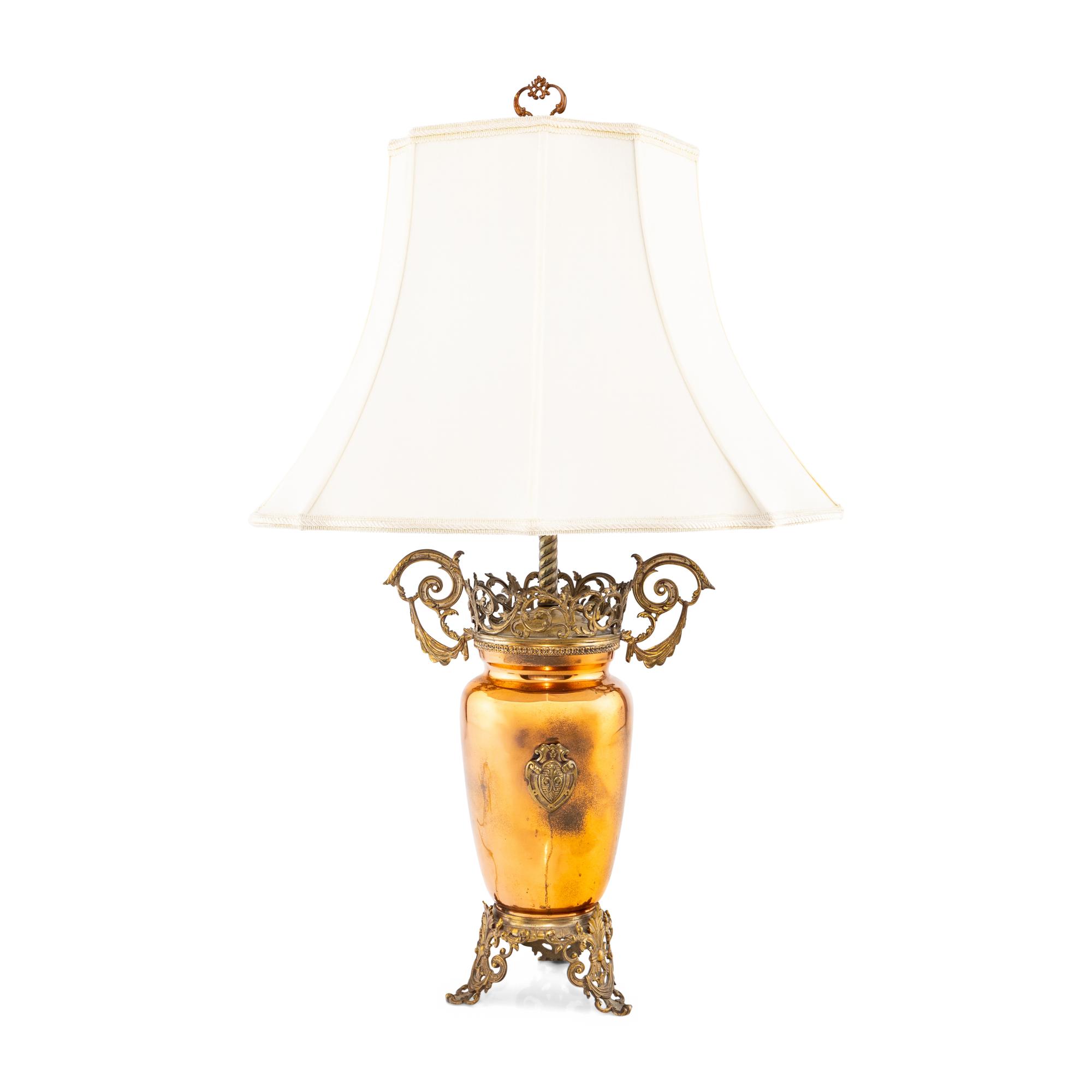 A Brass and Copper Armorial Urn Mounted as a Lamp