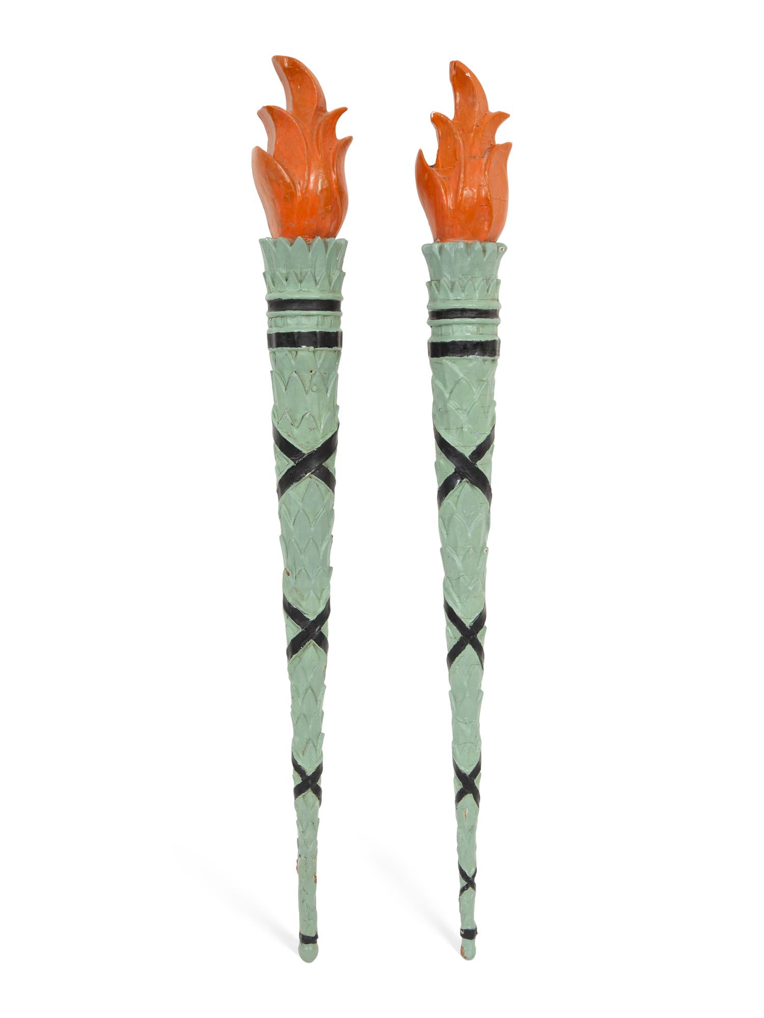 A Pair of Continental Carved and Painted Torch Wall Ornaments