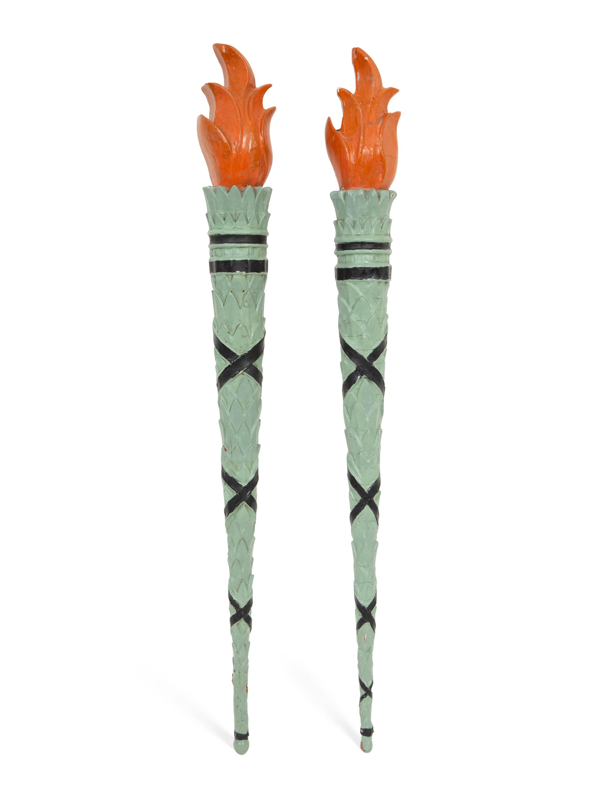A Pair of Continental Carved and Painted Torch Wall Ornaments