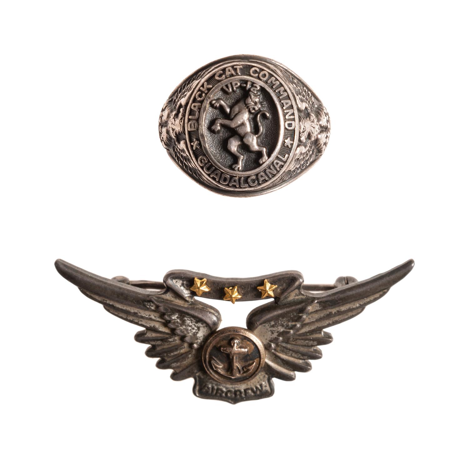 [WORLD WAR I & II]. A group of 6 items, incl. pilots' wings and ring associated with Black Cat Commandos, Pacific Theater.