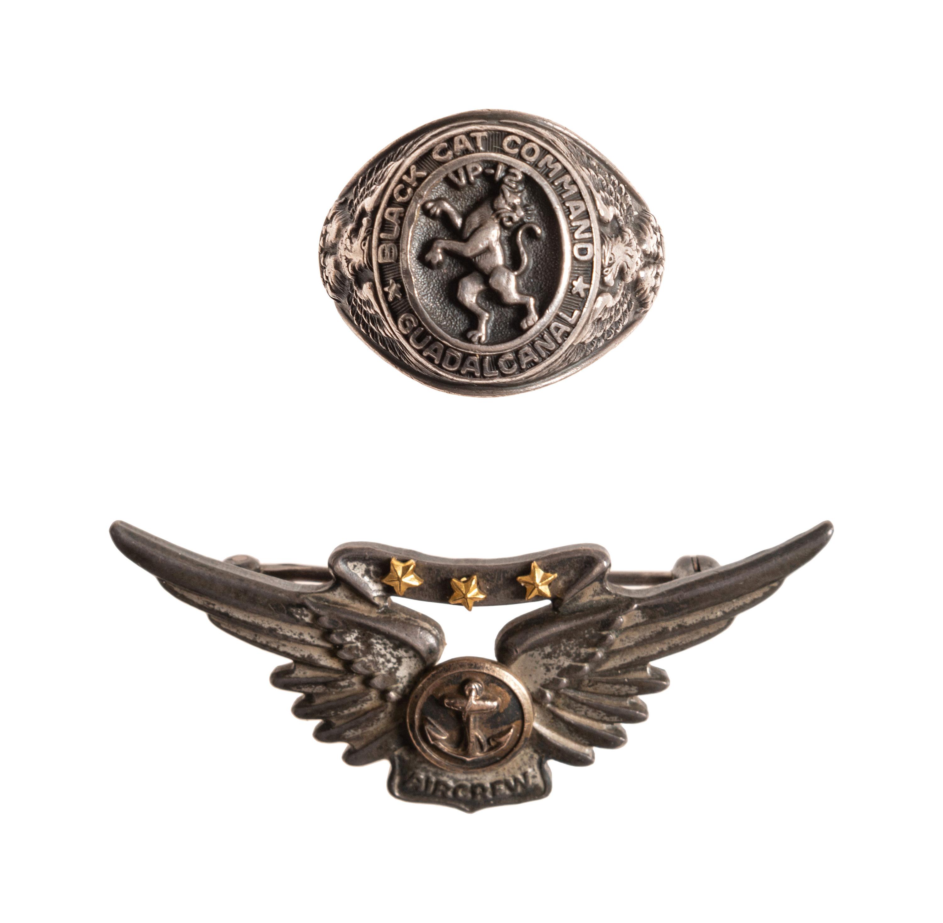 [WORLD WAR I & II]. A group of 6 items, incl. pilots' wings and ring associated with Black Cat Commandos, Pacific Theater.
