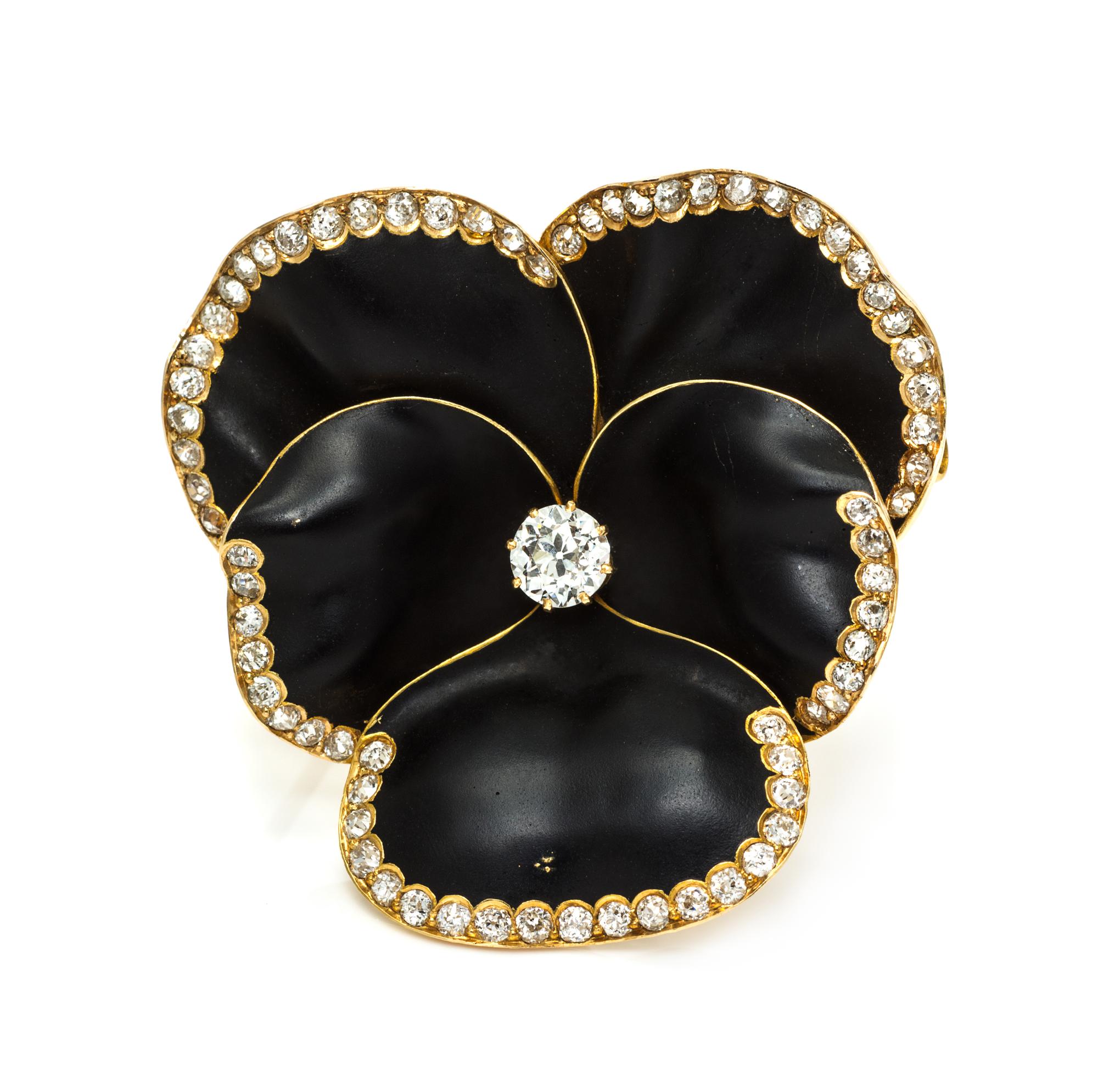 A Victorian Yellow Gold, Diamond and Enamel Pansy Pendant/Brooch, 10.90 dwts.