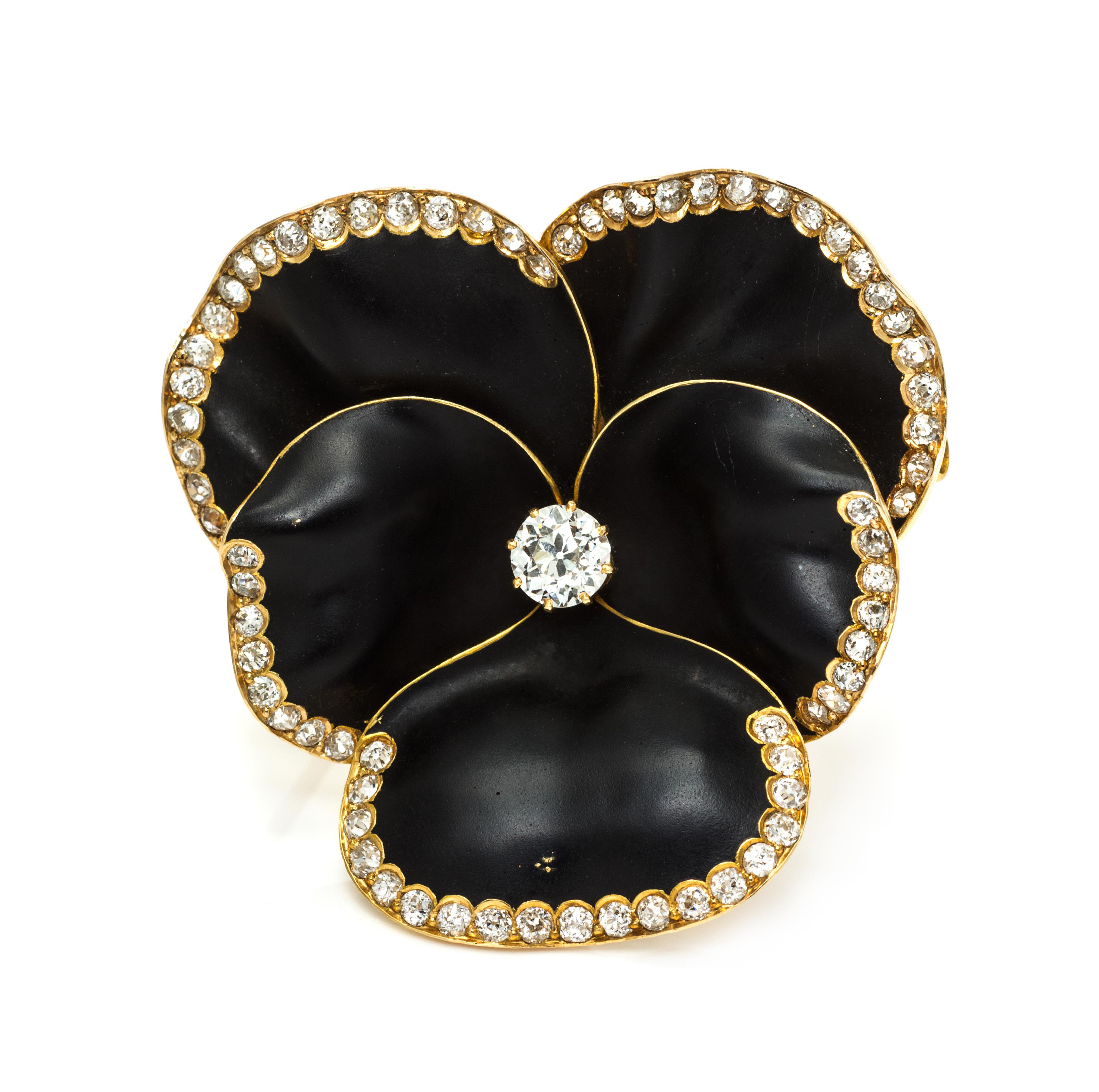A Victorian Yellow Gold, Diamond and Enamel Pansy Pendant/Brooch, 10.90 dwts.