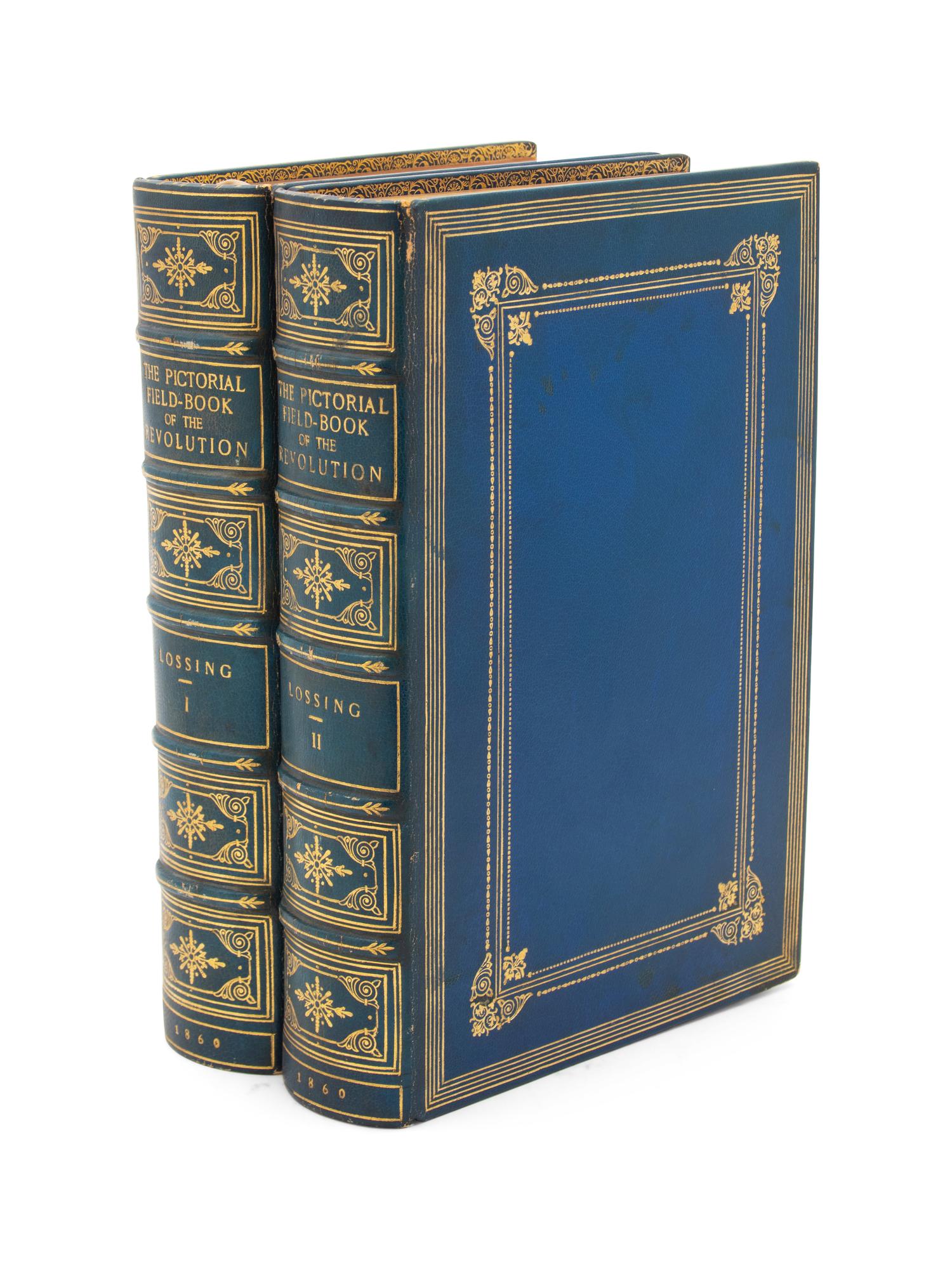 Lossing, Benson J., Harper Brothers, Franklin Square, New York 1860, The Pictorial Field-Book of the Revolution, two volumes; blue calf with gilt tooling.