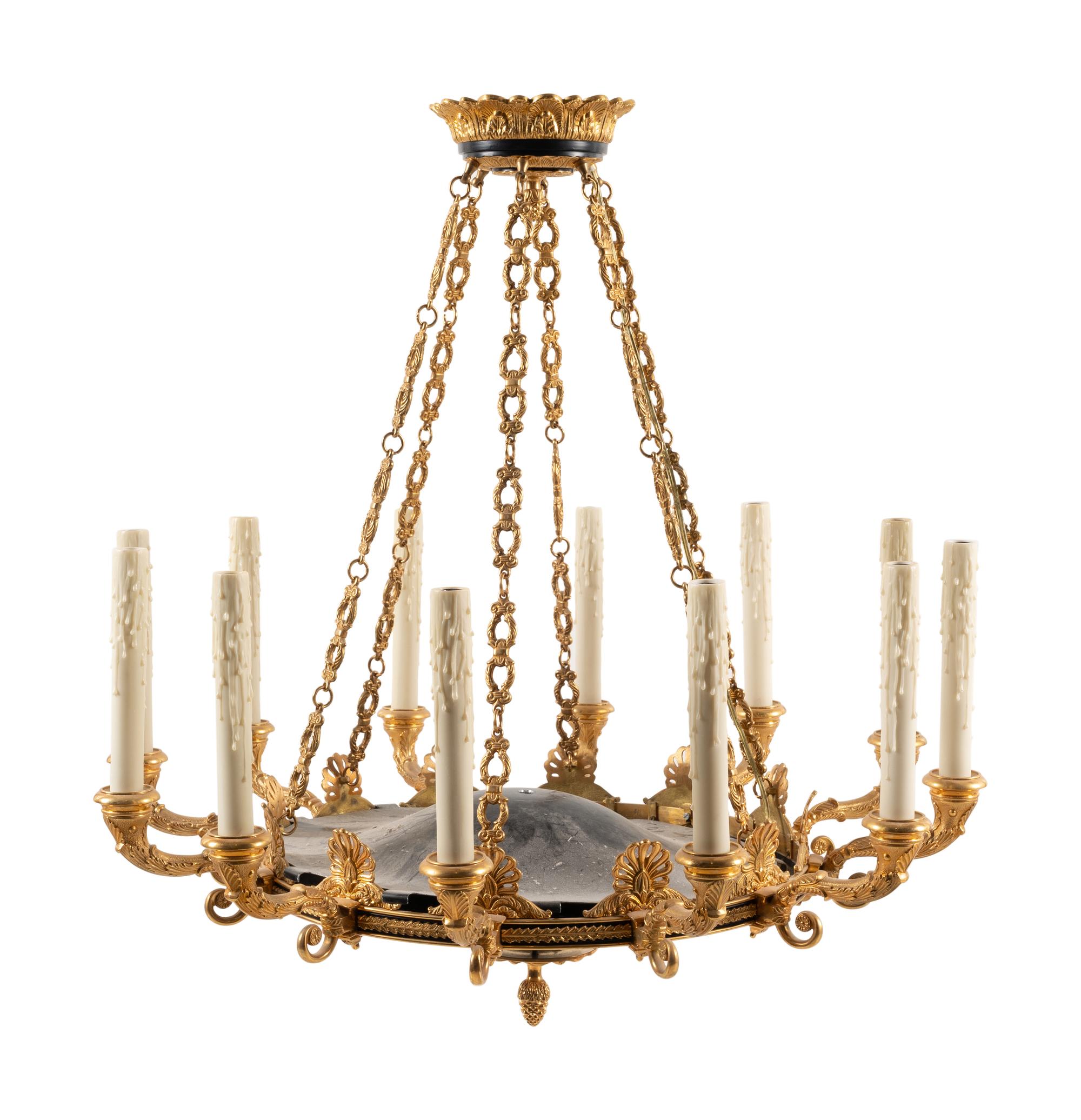 An Empire Style Gilt Bronze Twelve-Light Chandelier