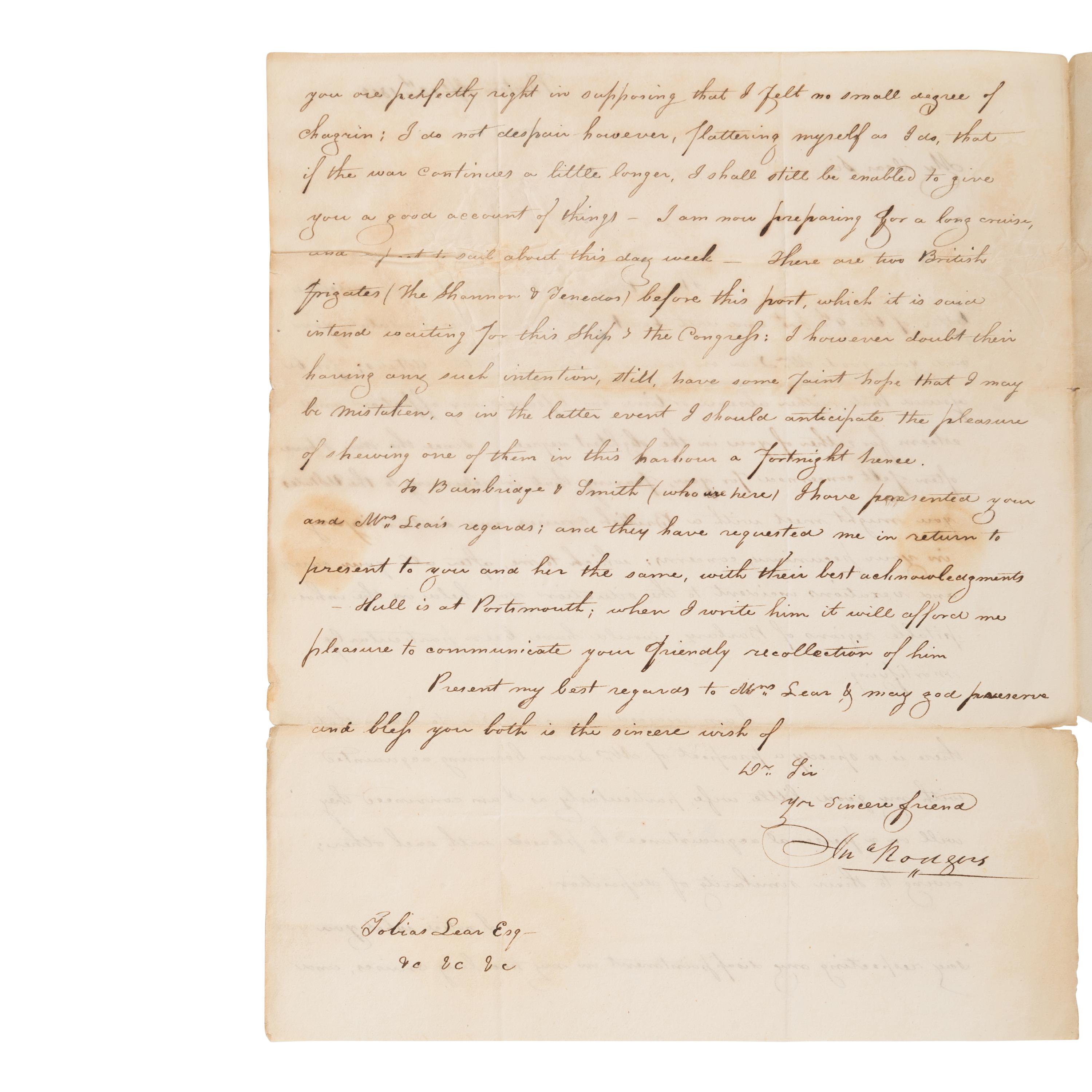 Rodgers, John (1772-1838). A pair of wartime letters to Tobias Lear, comprising: