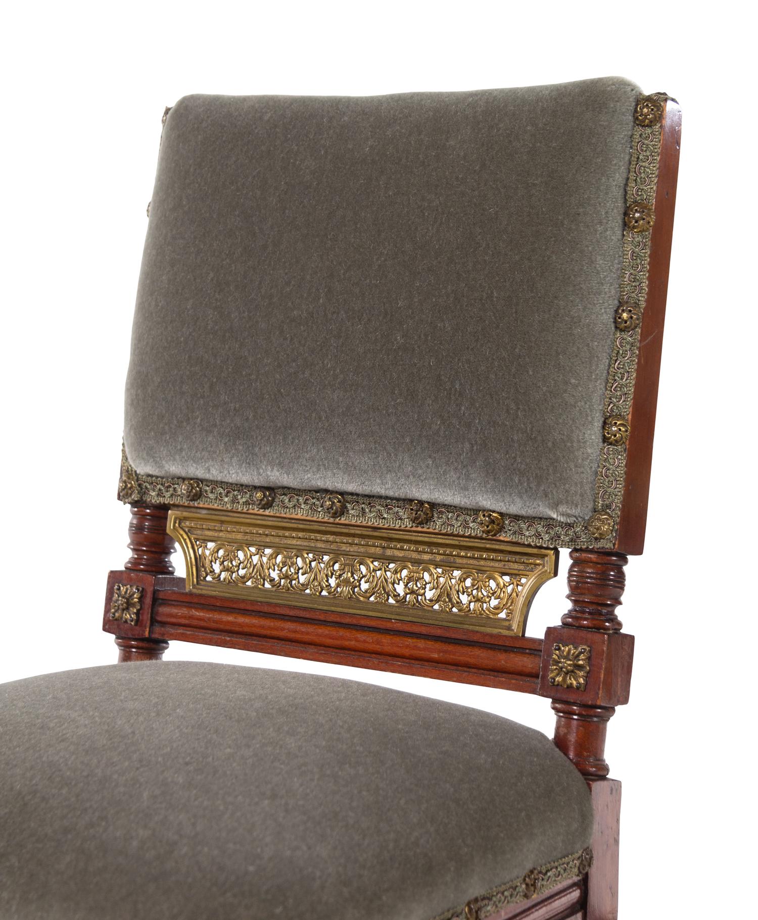 A Pair of Continental Gilt Bronze Mounted Walnut Side Chairs