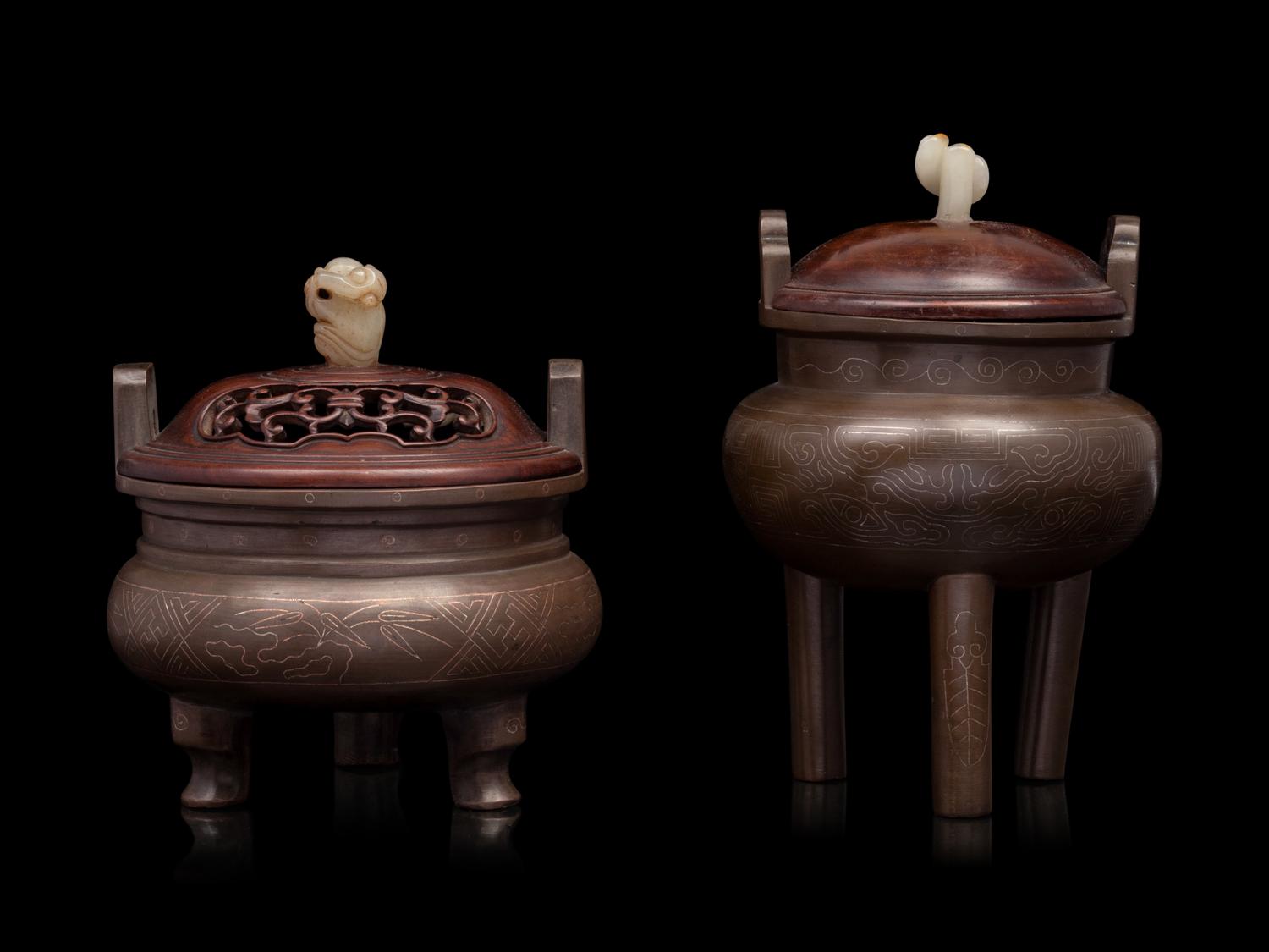 Two Chinese Silver Inlaid Bronze Tripod Incense Burners