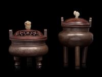 Two Chinese Silver Inlaid Bronze Tripod Incense Burners