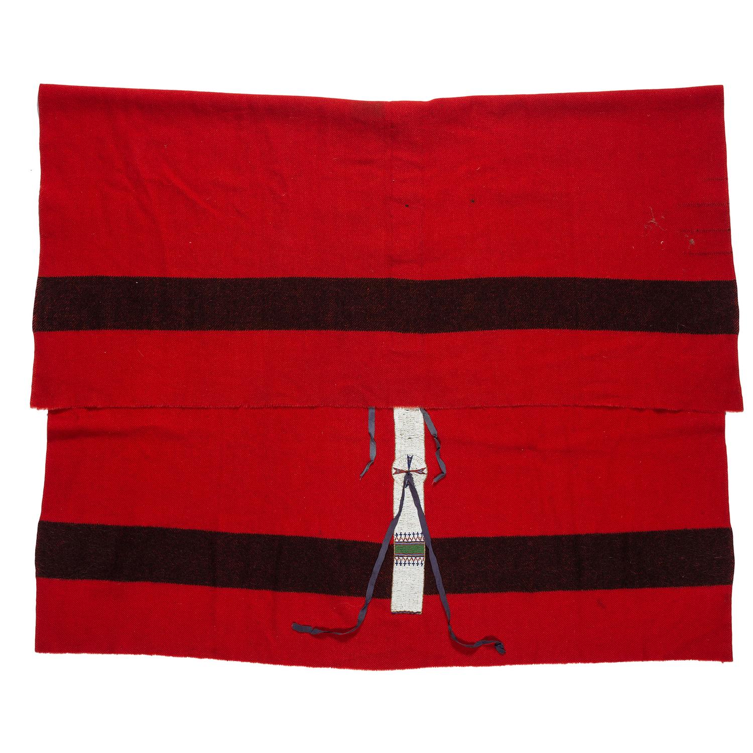 Sioux Beaded Hide Blanket Strip, on Red Trade Wool