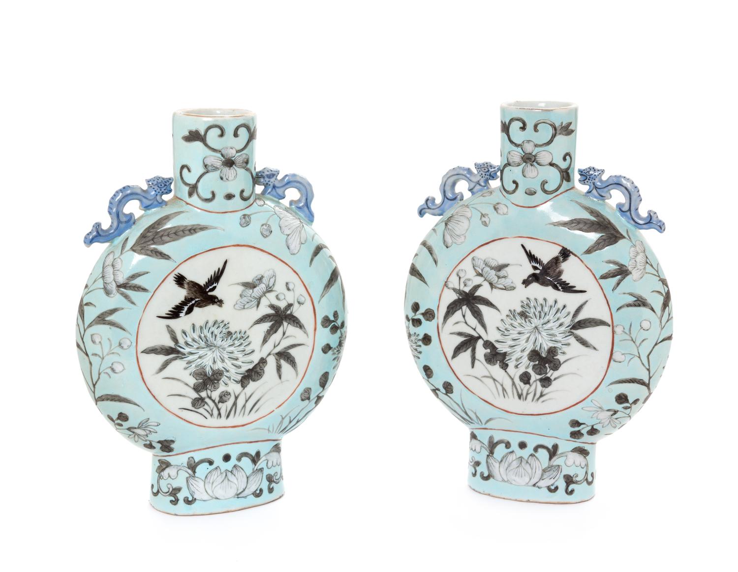 A Pair of Grisaille Decorated Blue Ground Porcelain Moon Flasks Height 5 inches. — 19TH CENTURY
