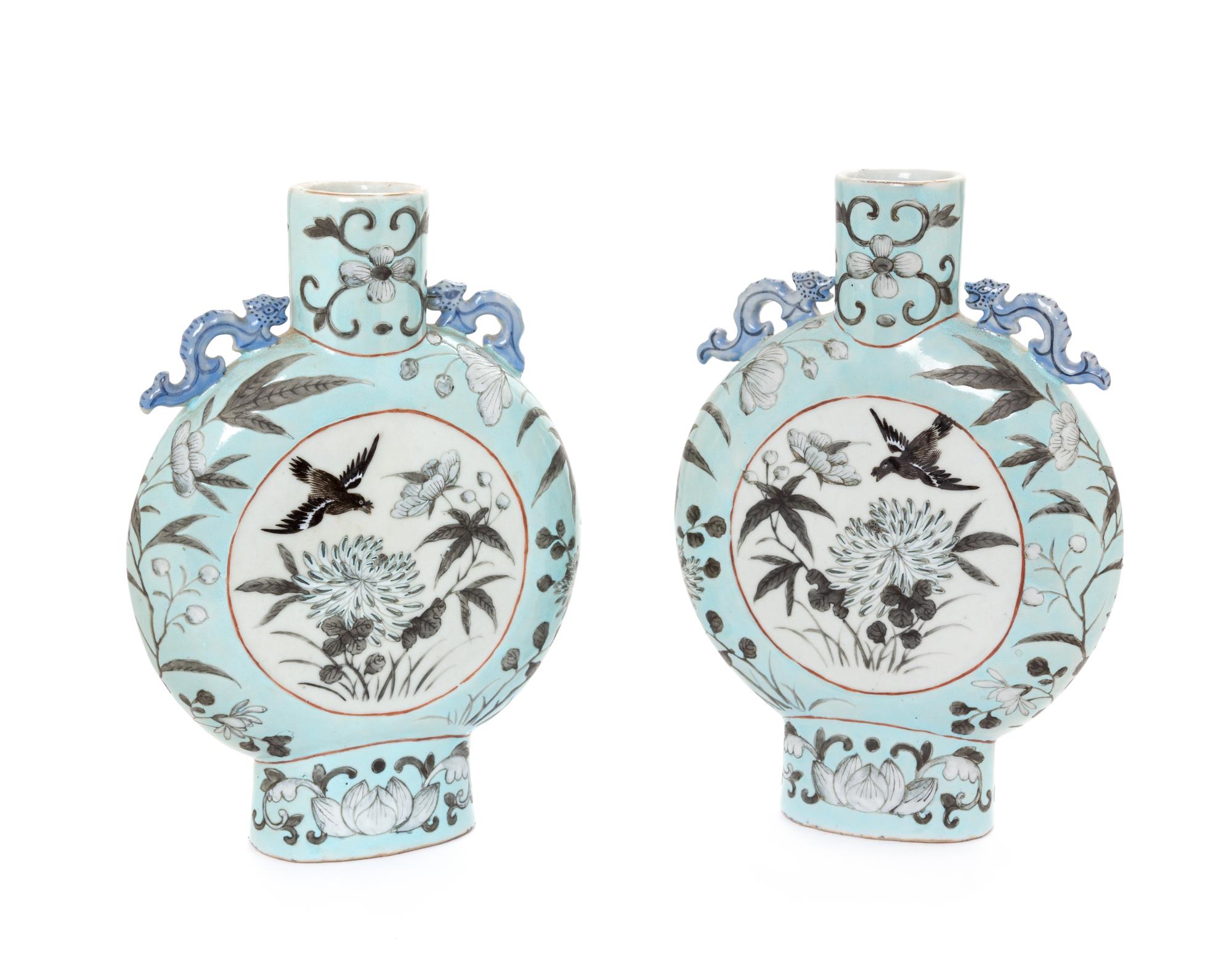 A Pair of Grisaille Decorated Blue Ground Porcelain Moon Flasks Height 5 inches. — 19TH CENTURY