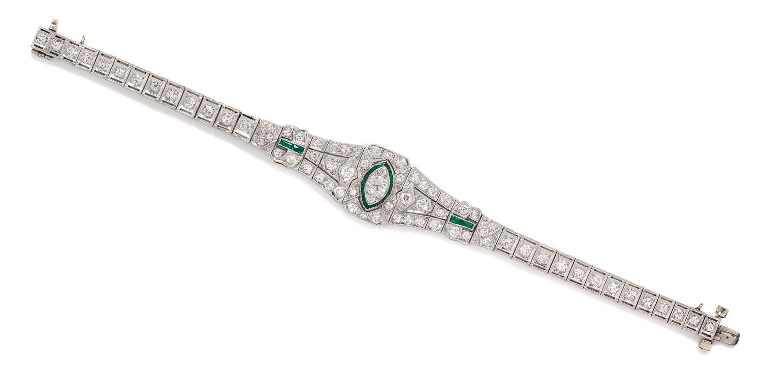 An Art Deco Platinum, Diamond and Simulated Emerald Bracelet, 13.50 dwts.