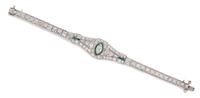 An Art Deco Platinum, Diamond and Simulated Emerald Bracelet, 13.50 dwts.