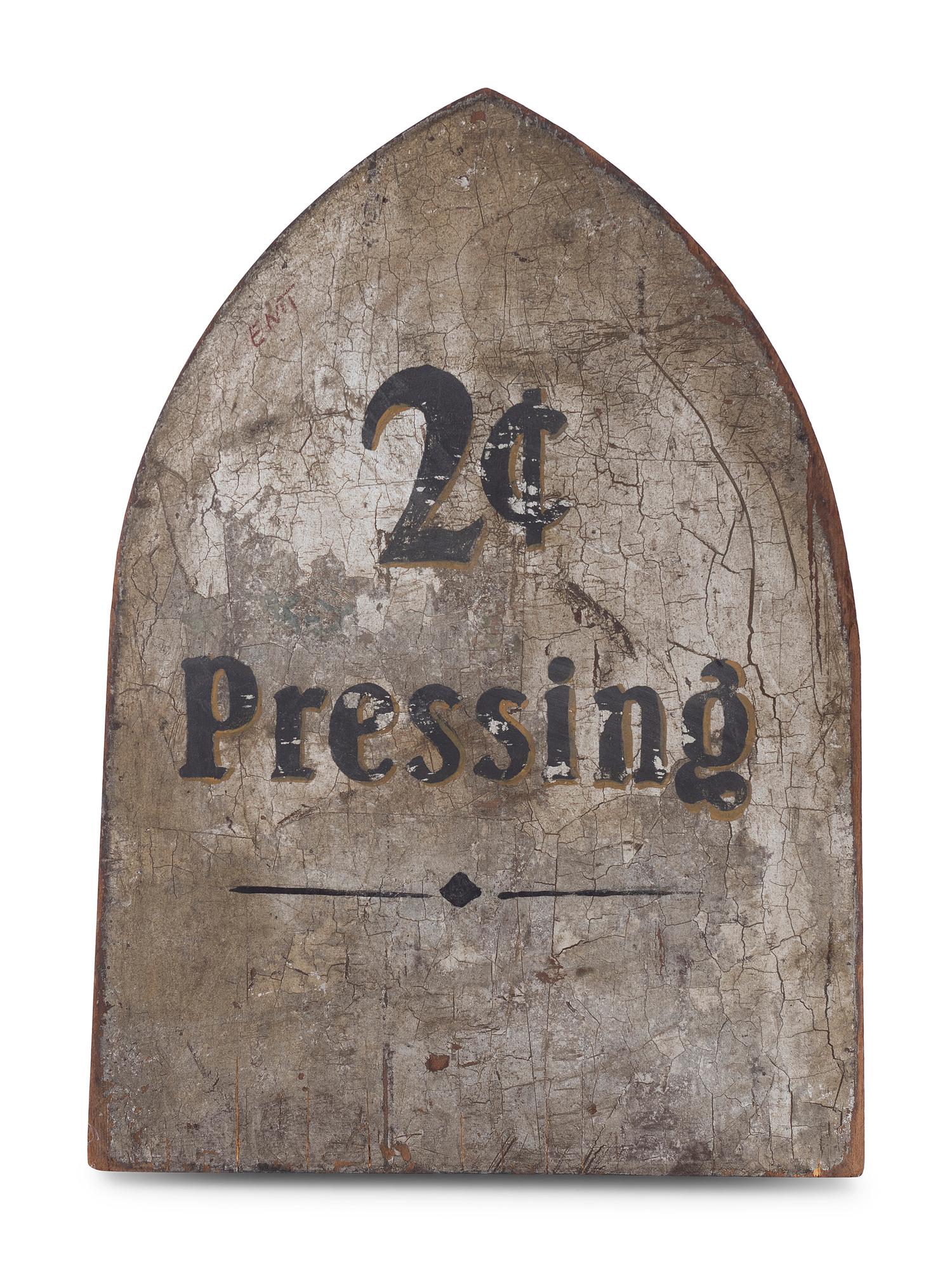A Painted Wood and Metal Two Cent Pressing Iron-Form Sign