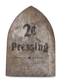 A Painted Wood and Metal Two Cent Pressing Iron-Form Sign