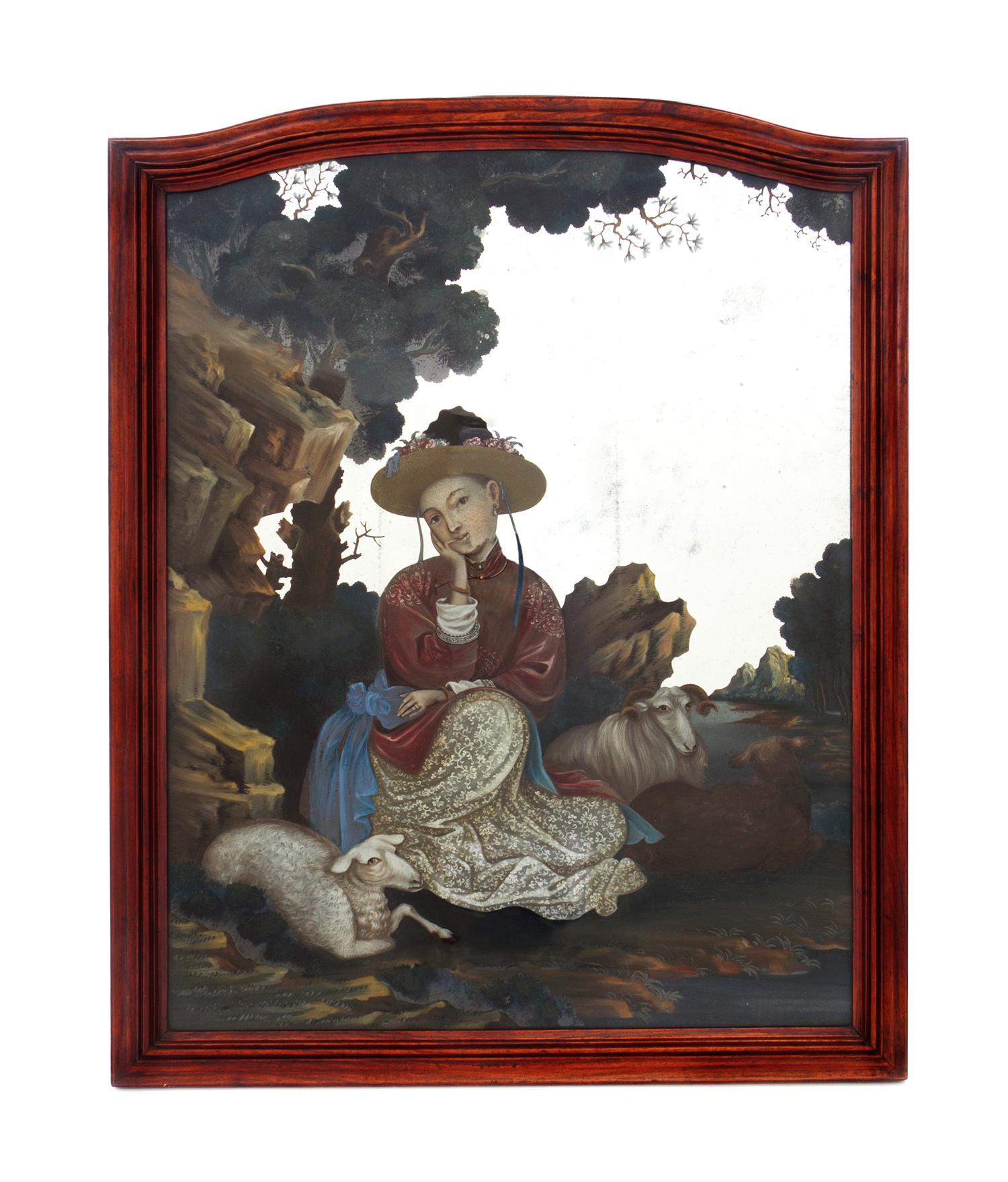 A Chinese Reverse Painted Mirror, QIANLONG PERIOD, CIRCA 1765, Overall height 28 x width 22 inches. — QIANLONG PERIOD, CIRCA 1765,