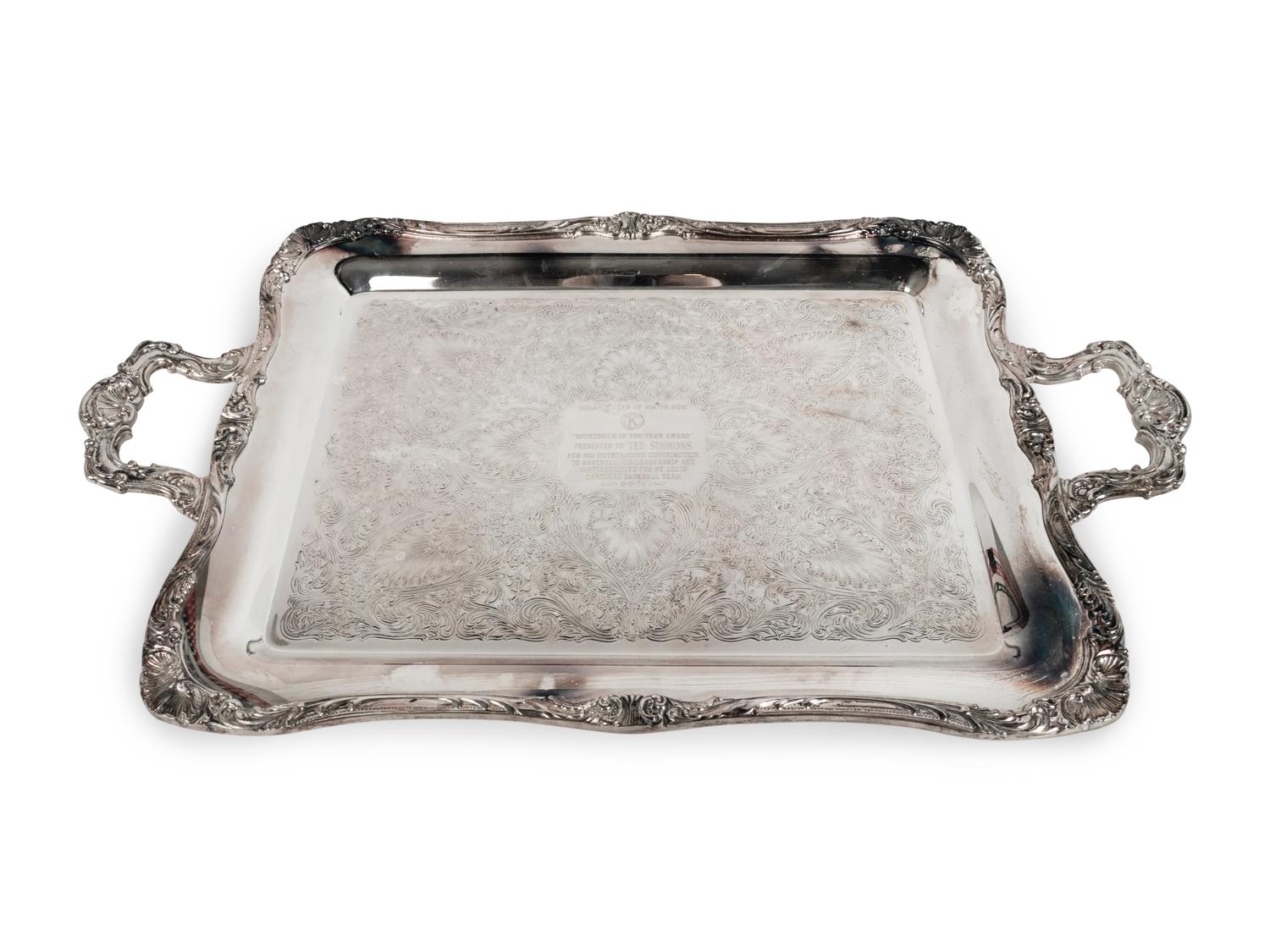 A Silverplate Presentation Tray "Kiwanis Club of South Side Sportsman of the Year Award" Presented to Ted Simmons 9-6-74 from The Collection of Baseball Hall of Famer Ted Simmons,