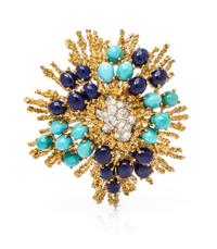 An 18 Karat Yellow Gold, Turquoise, Lapis Lazuli and Diamond Brooch, 20.00 dwts.