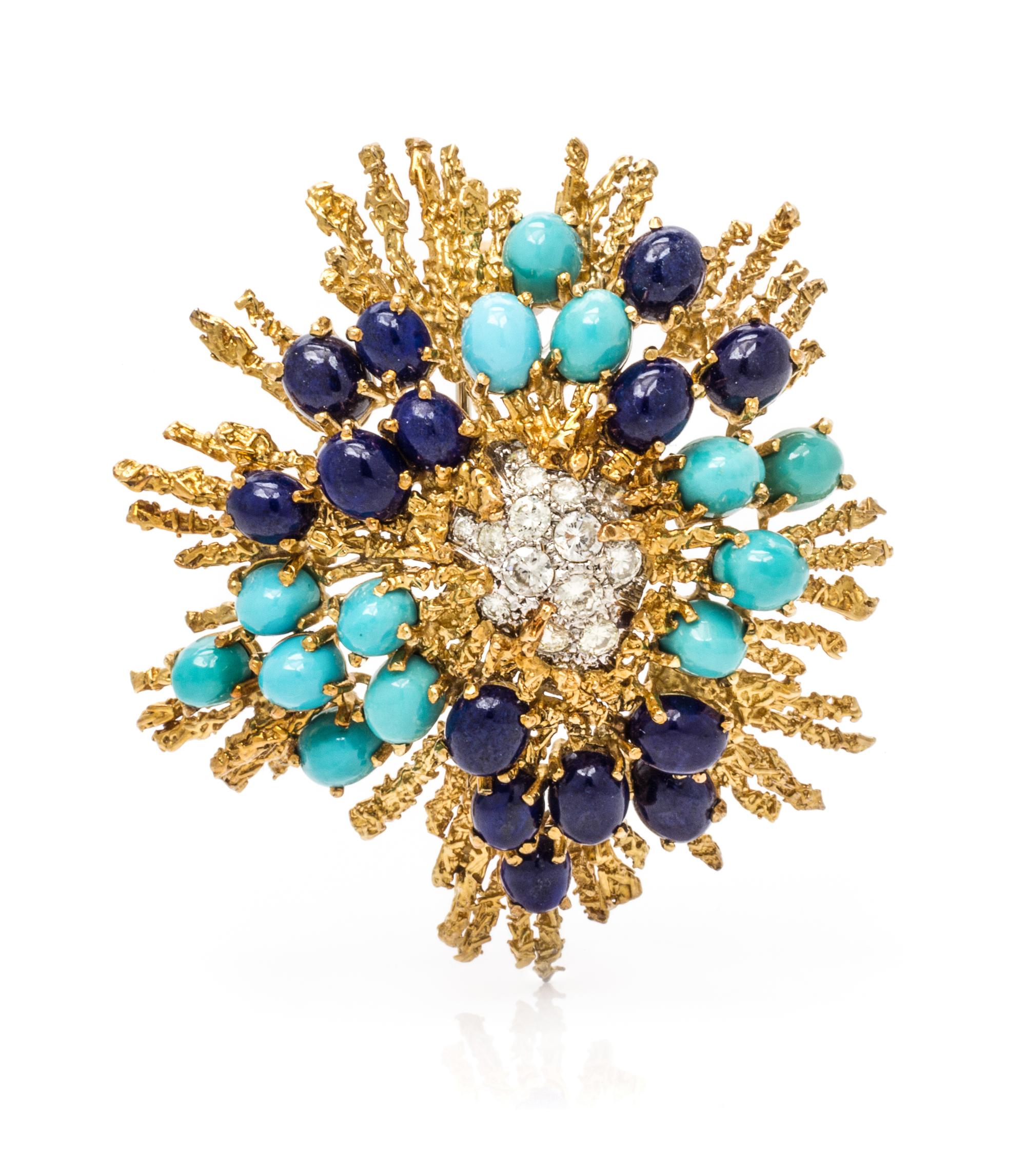 An 18 Karat Yellow Gold, Turquoise, Lapis Lazuli and Diamond Brooch, 20.00 dwts.