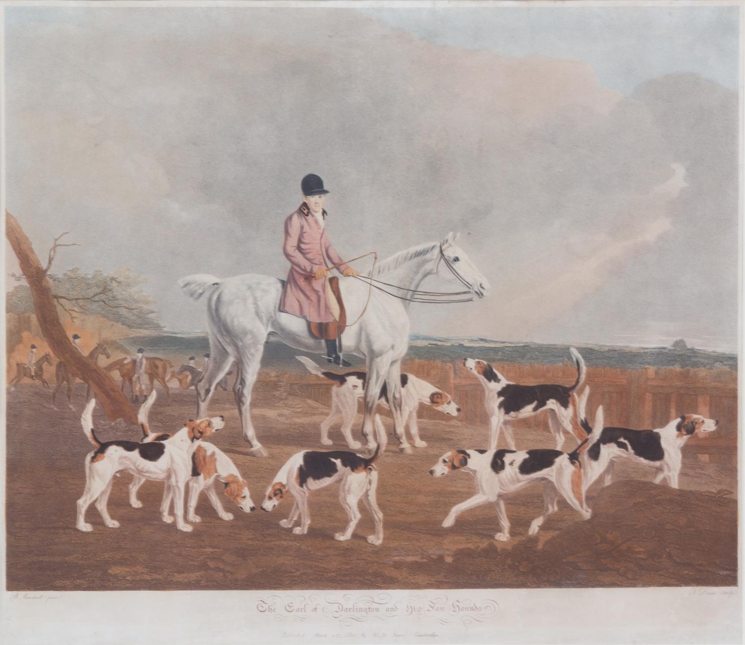 Benjamin MARSHALL, after - Richard WOODMAN, engraver Image 18 3/4 x 24 inches. — Francis Duckenfield Astley Esq. and His Harriers - The Earl of Darlington and his Fox Hounds
