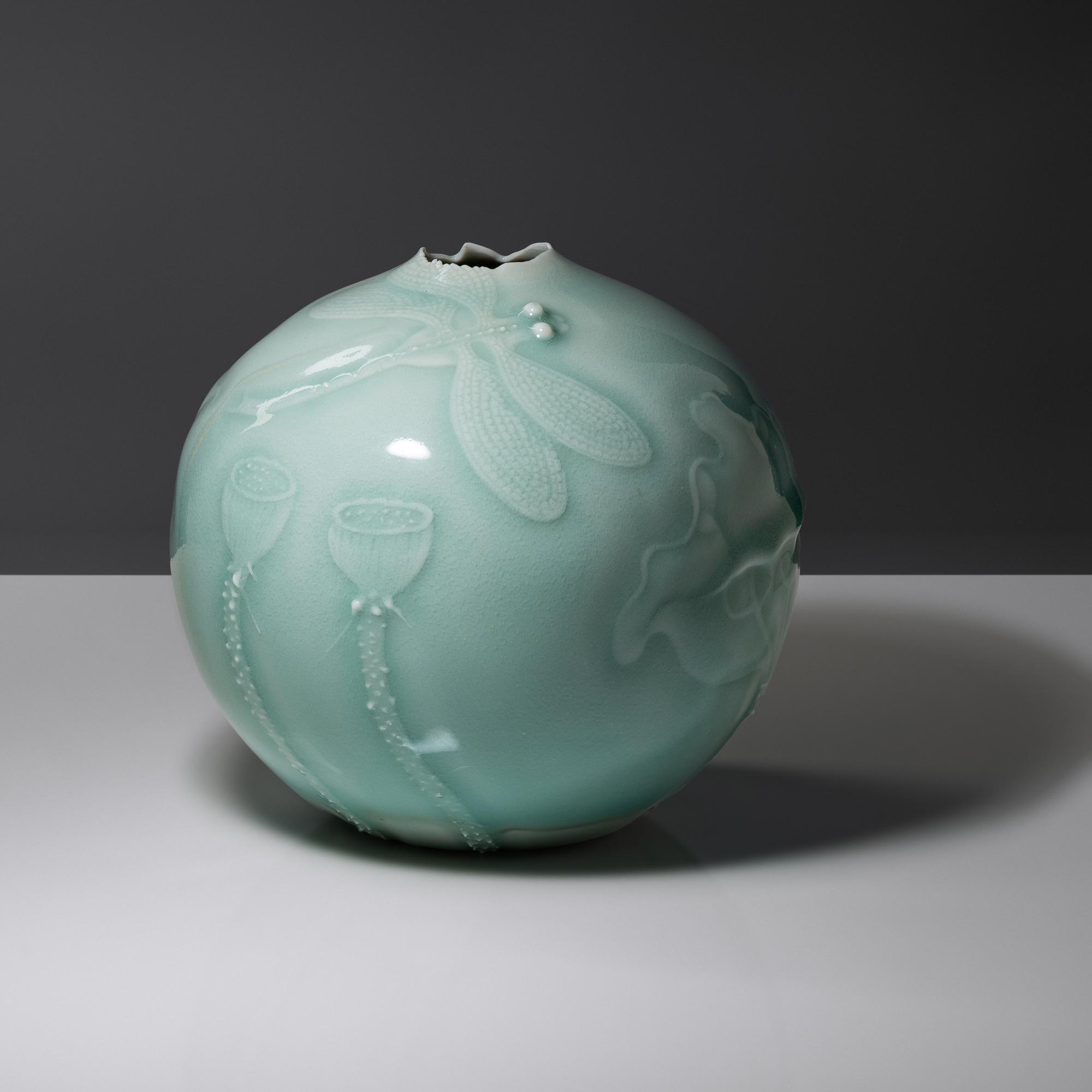 Celadon-glazed vase with dragonfly and flowers, 2014