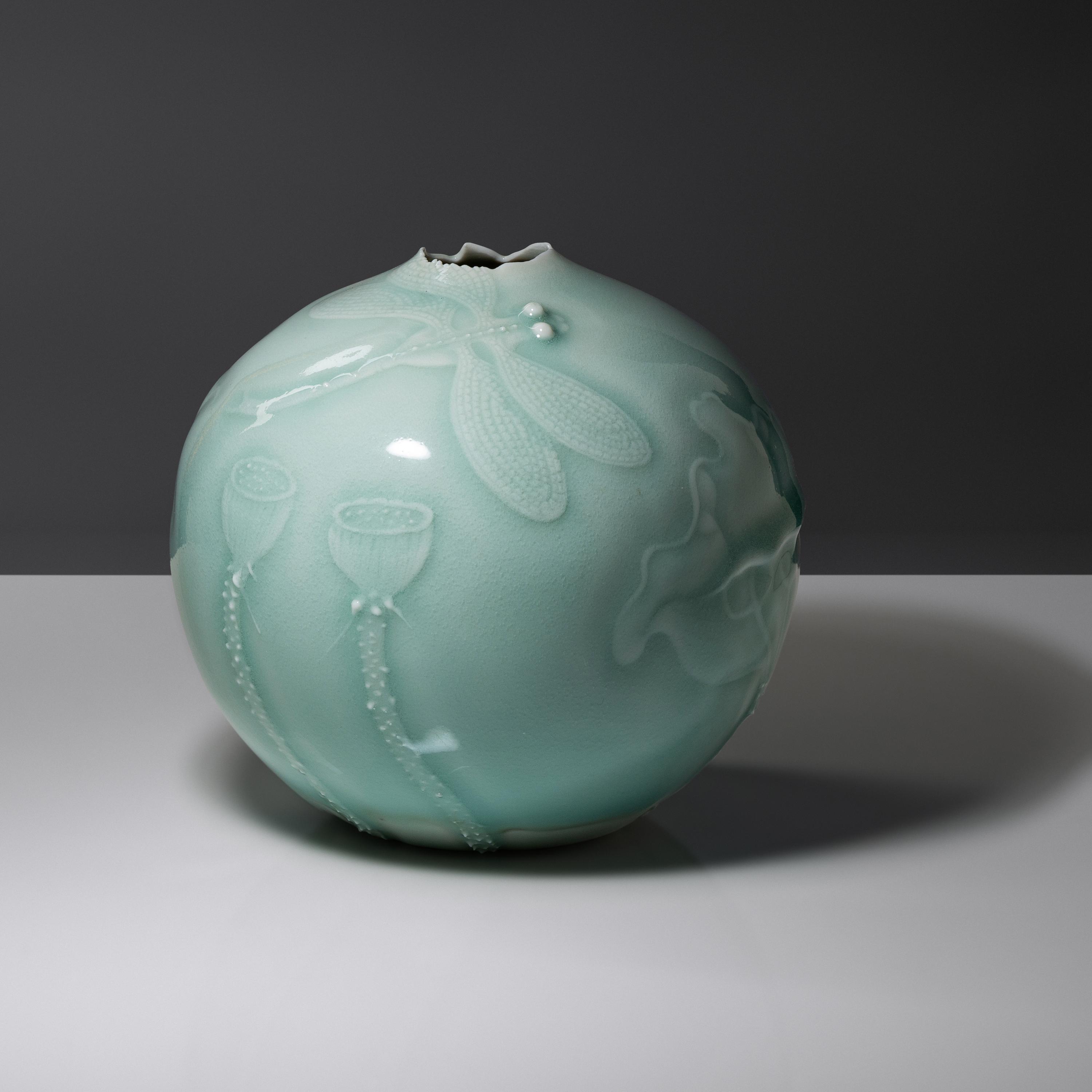 Celadon-glazed vase with dragonfly and flowers, 2014