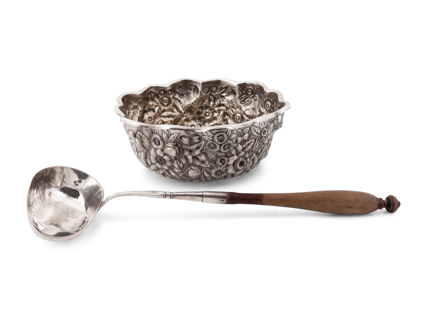 An American Silver Repousse Bowl and a Swedish Silver Dipper
