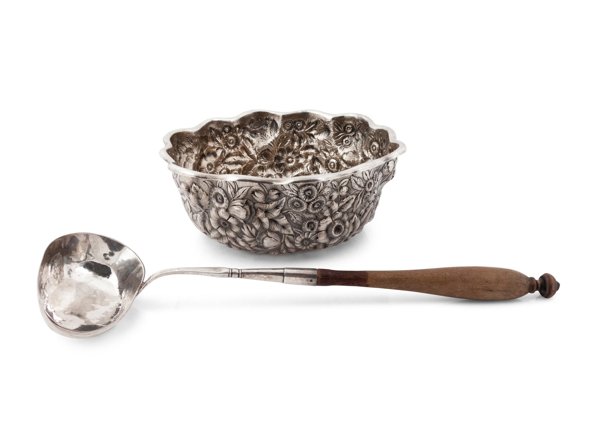 An American Silver Repousse Bowl and a Swedish Silver Dipper