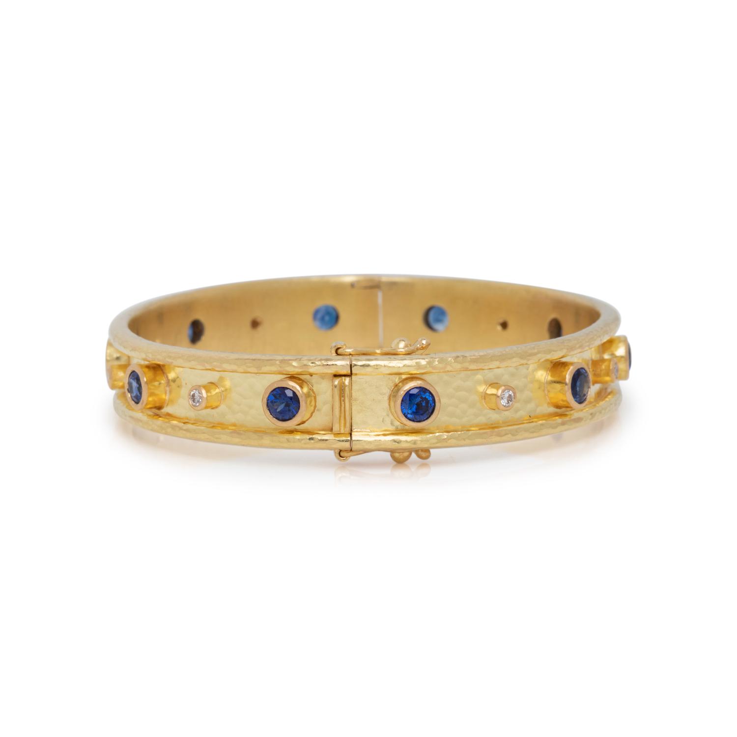 ELIZABETH LOCKE, YELLOW GOLD, SAPPHIRE AND DIAMOND BANGLE BRACELET