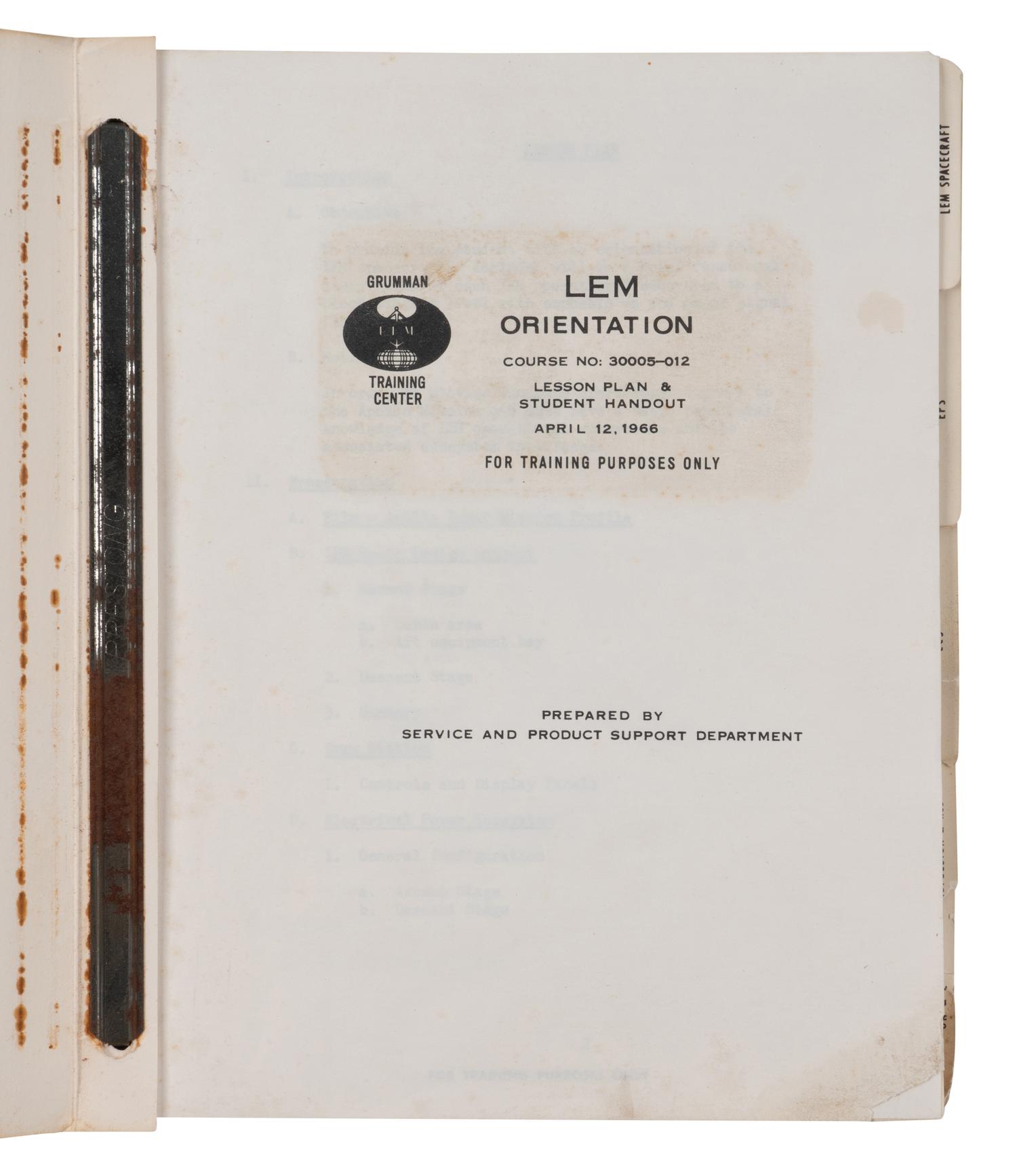 [NASA – LUNAR EXCURSION MODULE]. LEM Orientation Course No. 30005-012. Lesson Plan and Student Handout. -- Project Apollo Lunar Excursion Module Support Manual ECS Checkout Adapter Kit Part No. LDW430-52200. Grumman Aircraft Engineering Corporation, 12 April 1966, 31 August 1966.