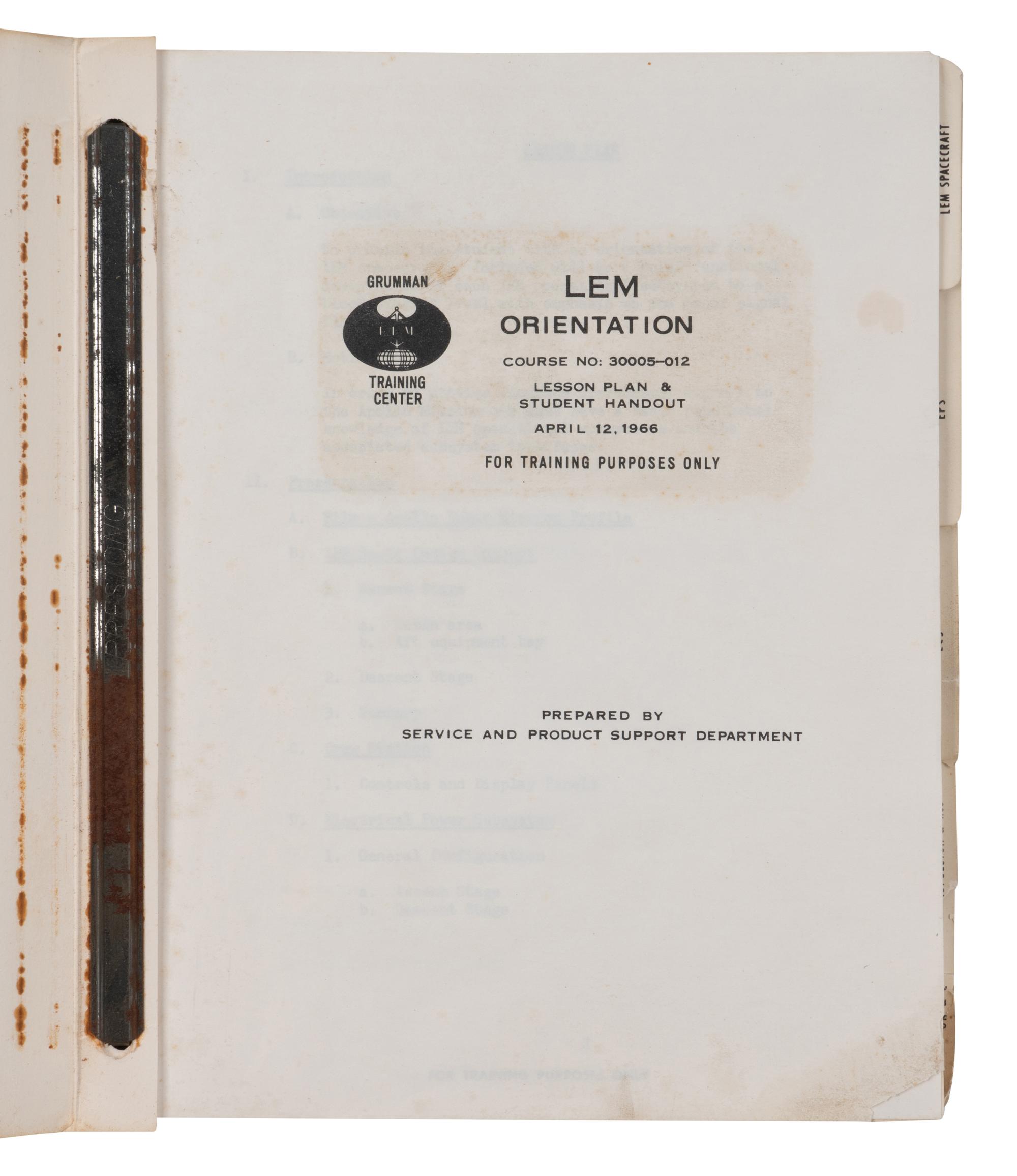 [NASA – LUNAR EXCURSION MODULE]. LEM Orientation Course No. 30005-012. Lesson Plan and Student Handout. -- Project Apollo Lunar Excursion Module Support Manual ECS Checkout Adapter Kit Part No. LDW430-52200. Grumman Aircraft Engineering Corporation, 12 April 1966, 31 August 1966.
