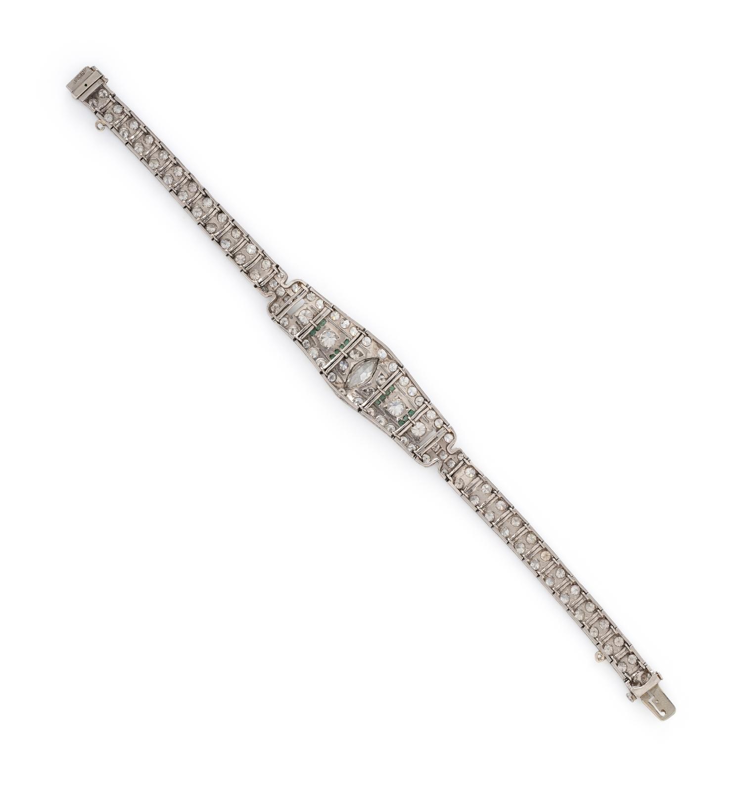 ART DECO, DIAMOND, EMERALD, AND PLATINUM BRACELET
