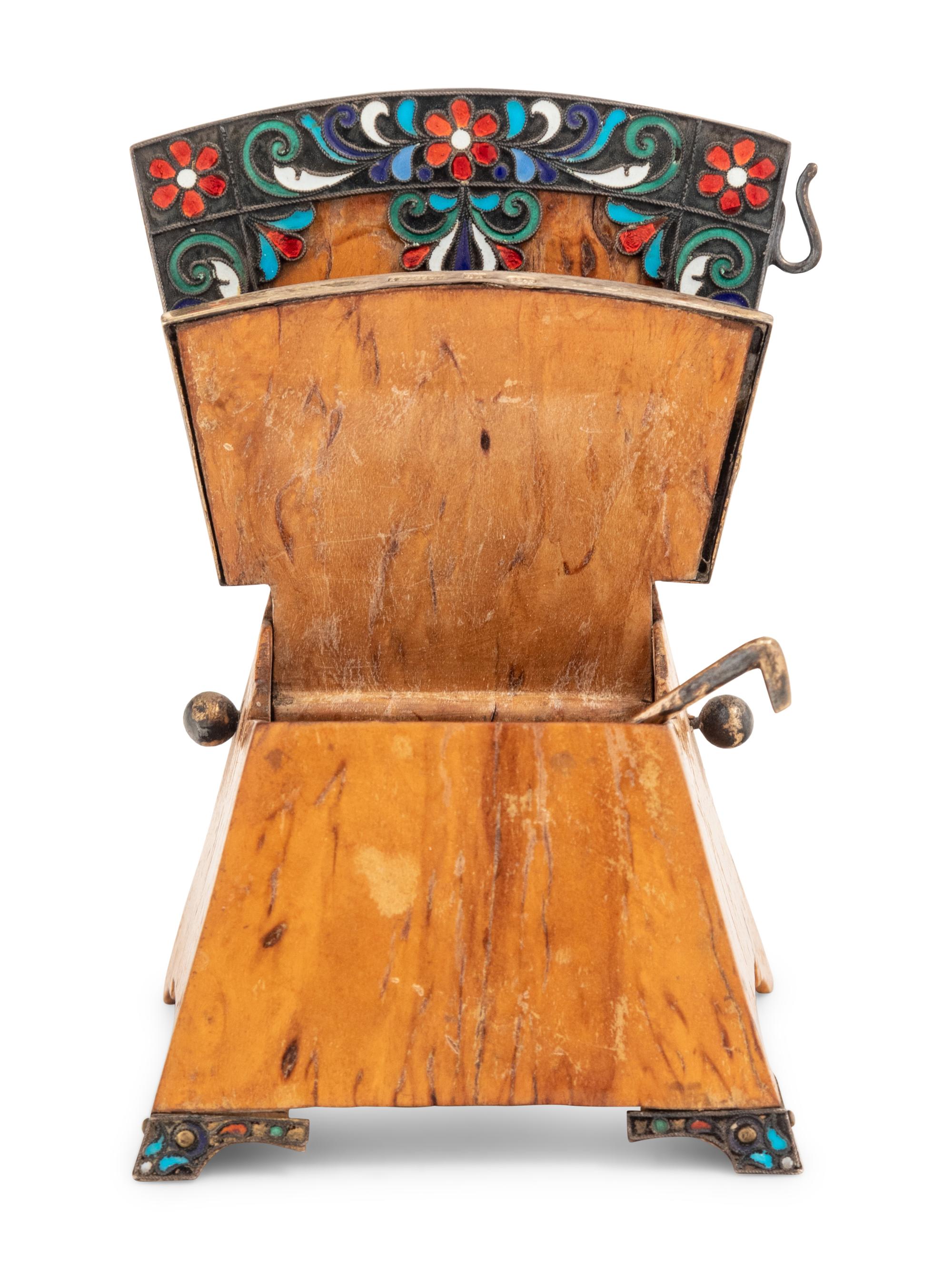 A Russian Silver, Cloisonné Enamel and Birch Throne Salt