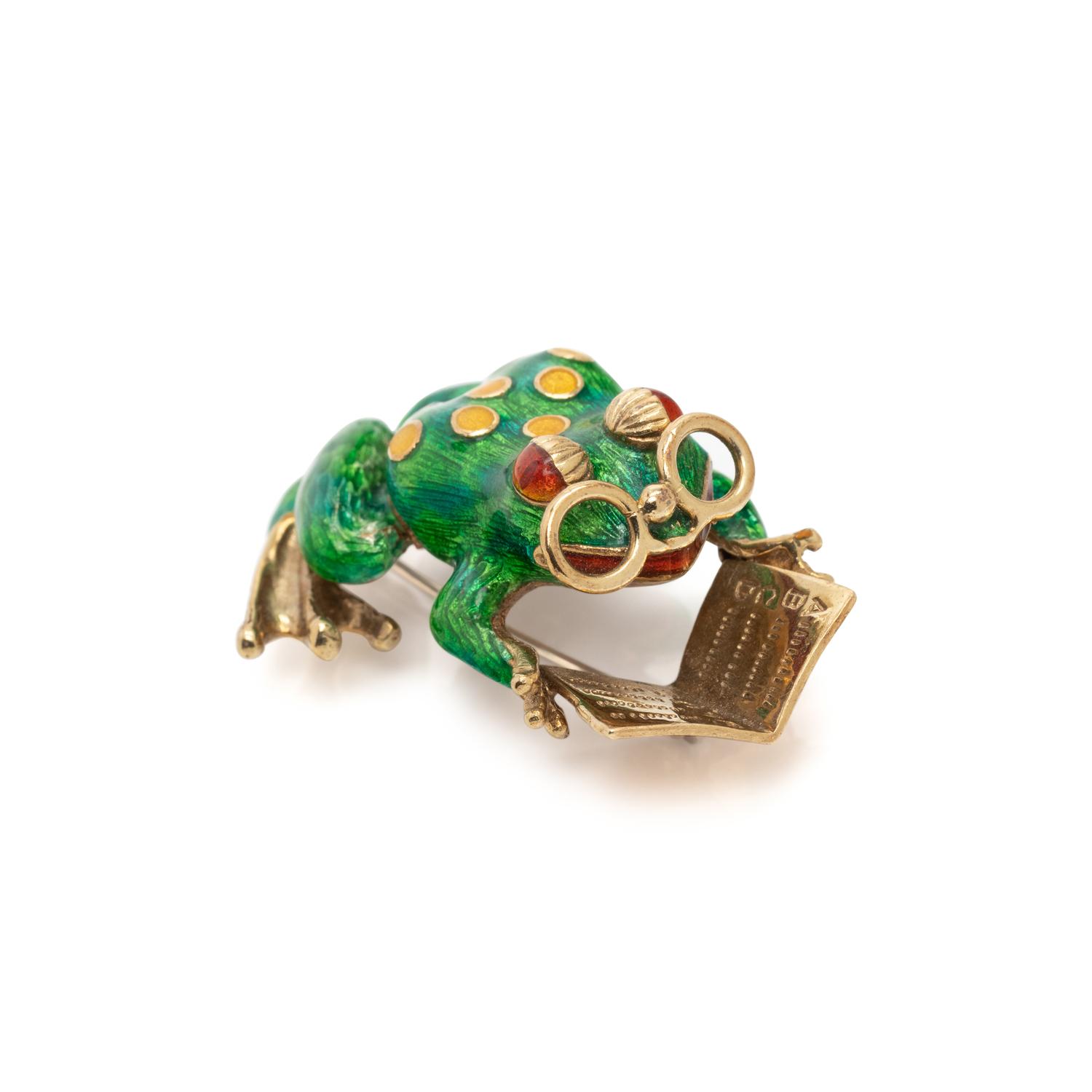 YELLOW GOLD AND POLYCHROME ENAMEL FROG BROOCH