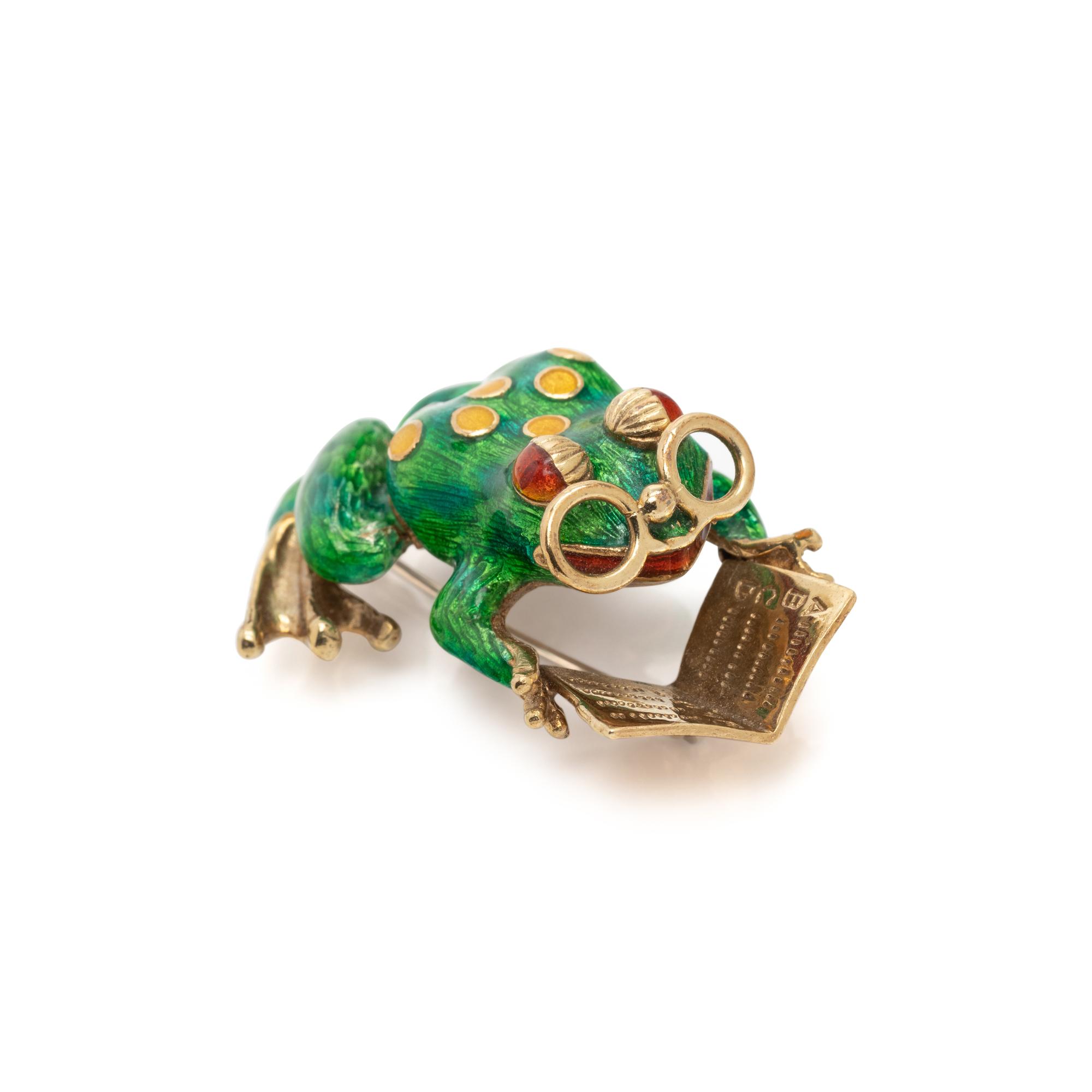 YELLOW GOLD AND POLYCHROME ENAMEL FROG BROOCH