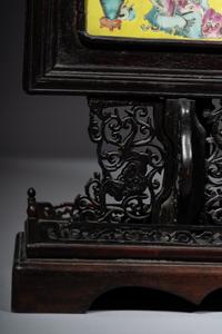 A Chinese Famille Rose Porcelain Inset Hardwood Table Screen