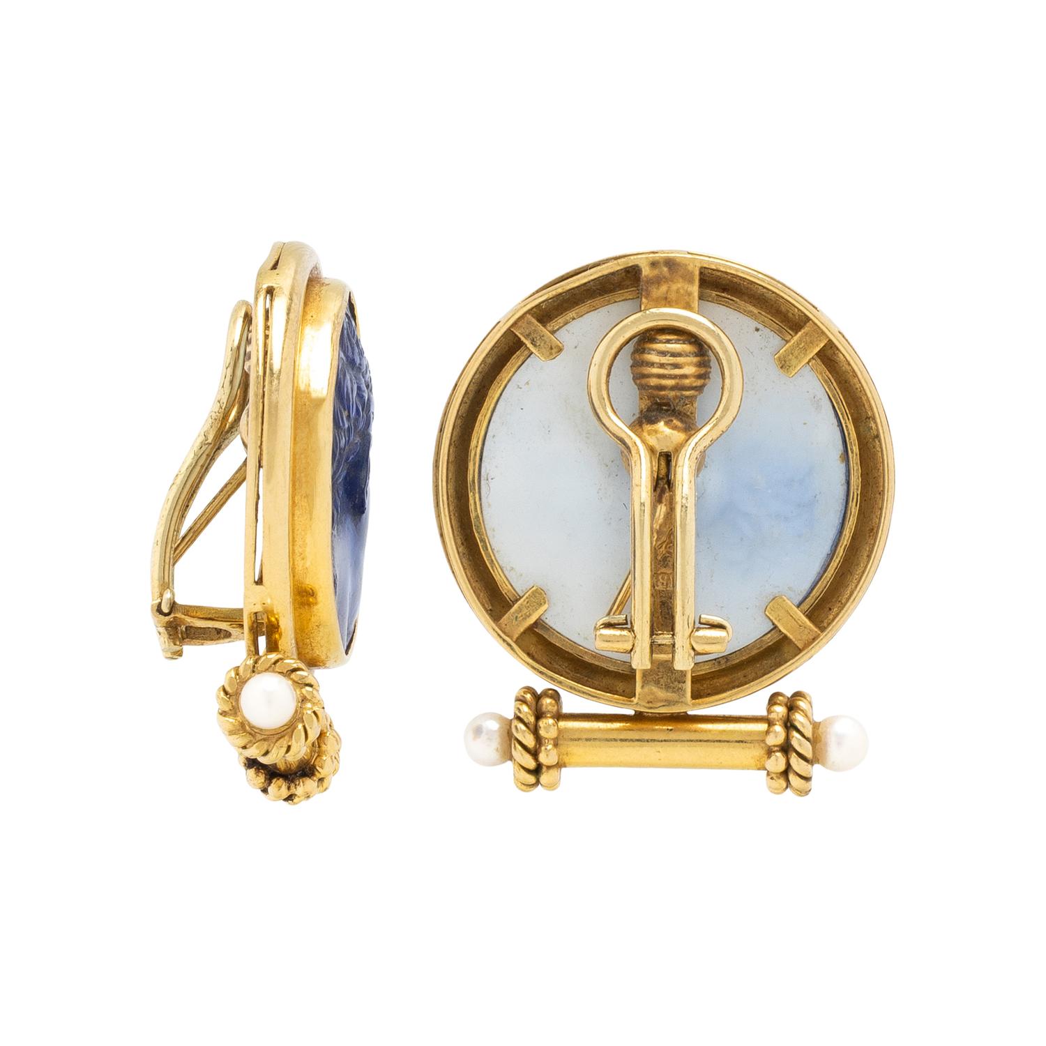 ELIZABETH LOCKE, BLUE VENETIAN GLASS, MOTHER-OF-PEARL, CULTURED PEARL, AND YELLOW GOLD CAMEO EARRINGS