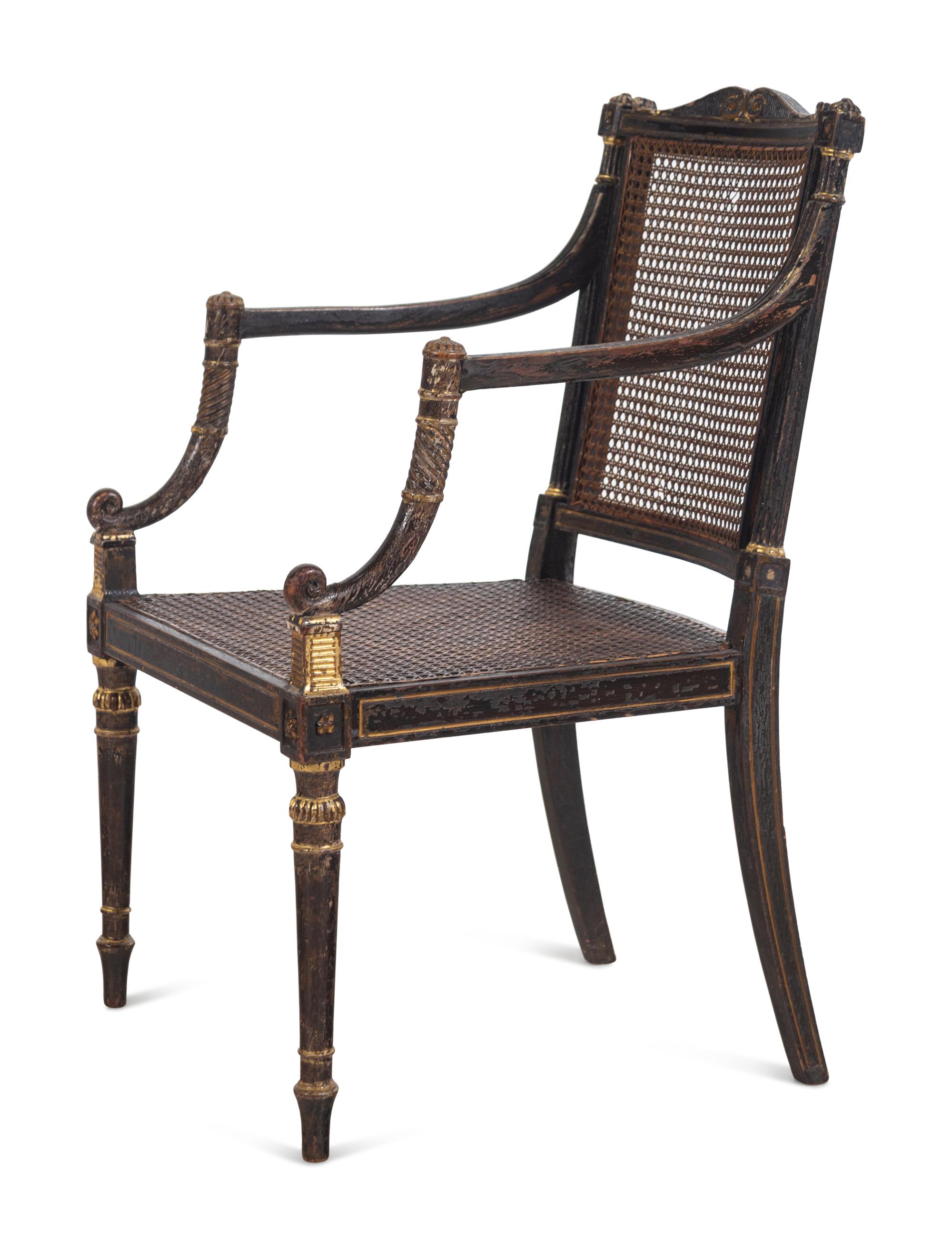 A George III Painted and Parcel-Gilt Caned Armchair