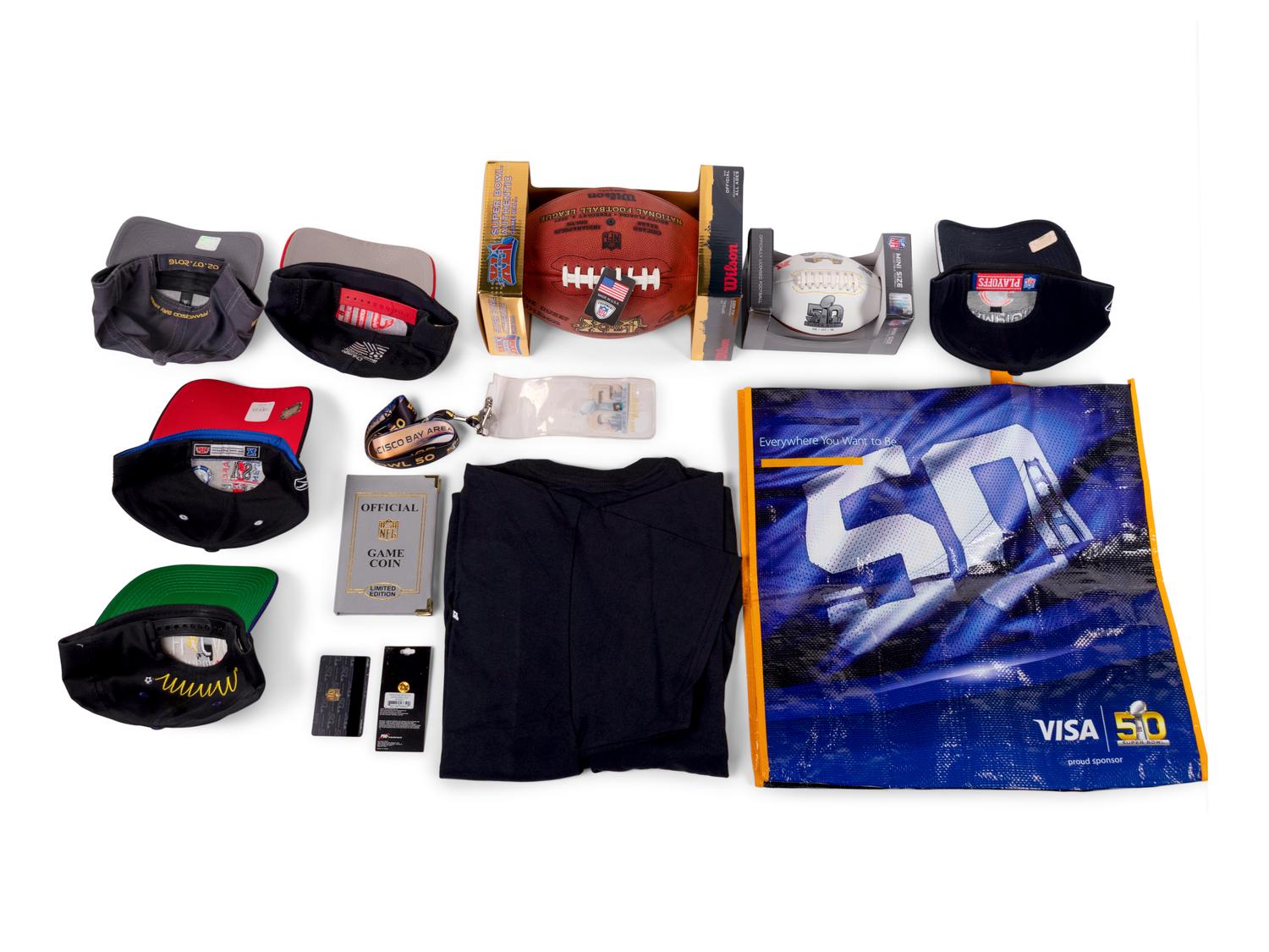 (Sports) A group of football, Super Bowl, and soccer memorabilia, comprising: