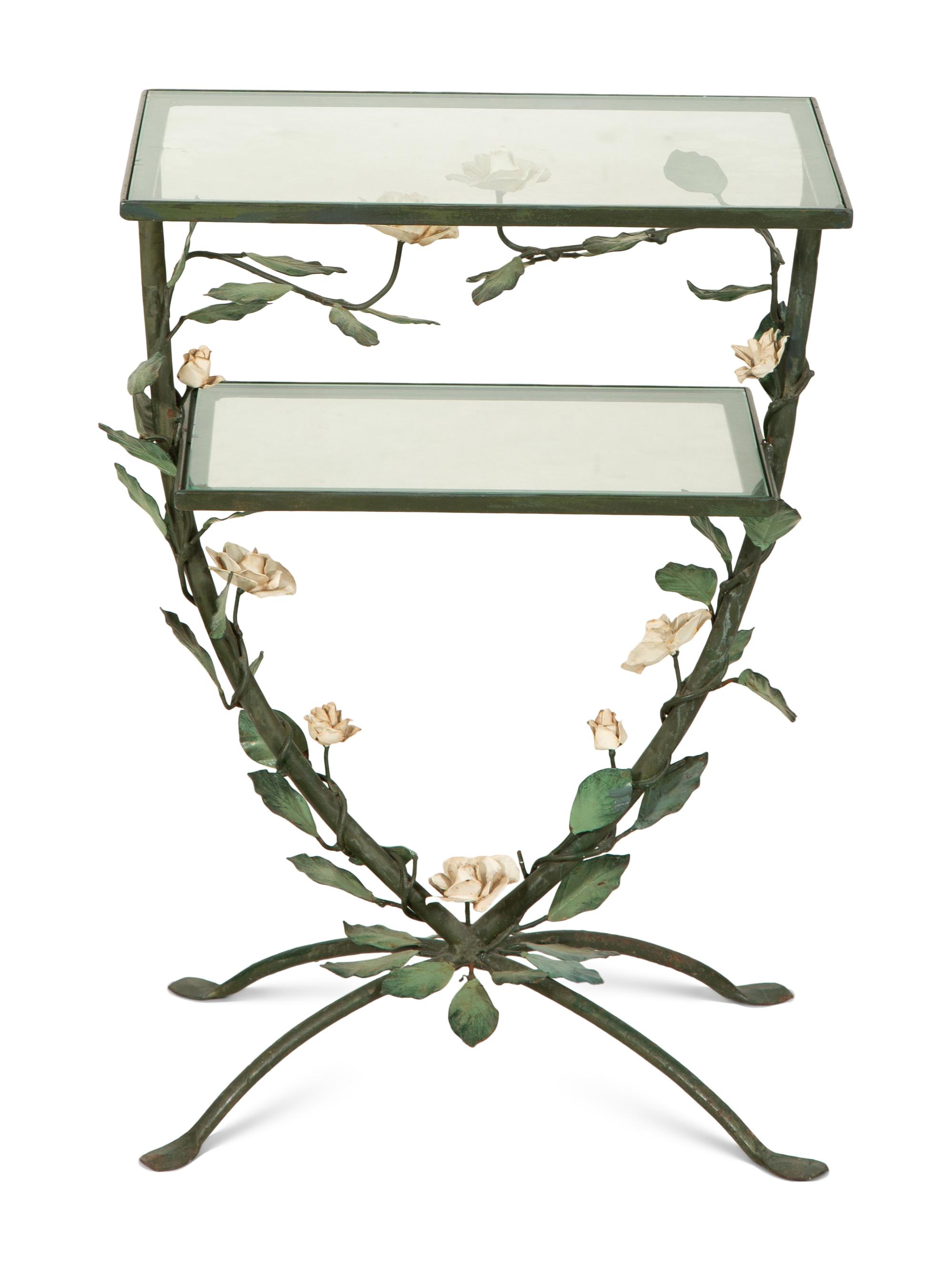 A Tole Peinte Two-Tiered Glass Accent Table