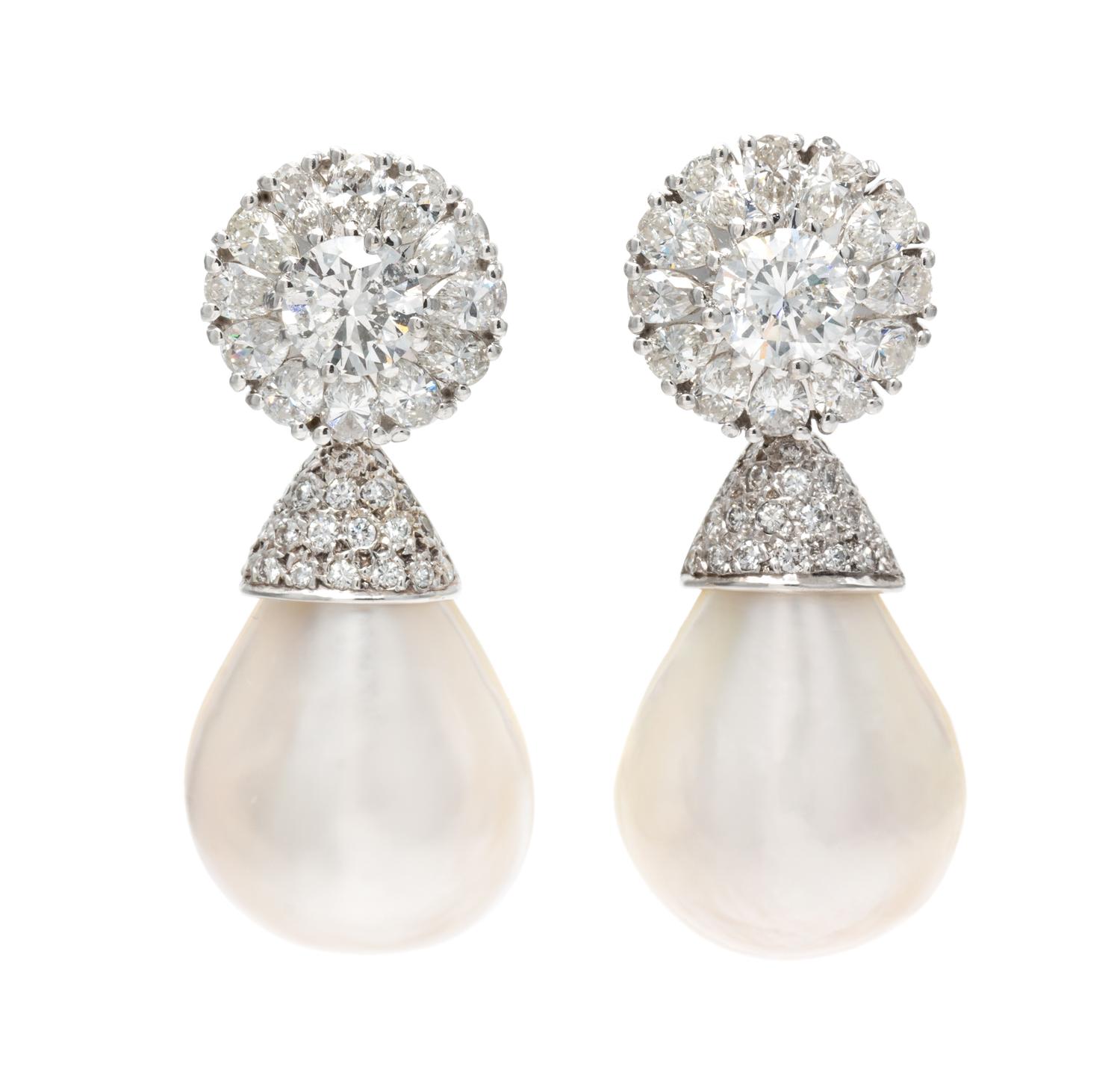A Pair of 14 Karat White Gold and Diamond Convertible Day/Night Drop Earrings, 12.20 dwts.