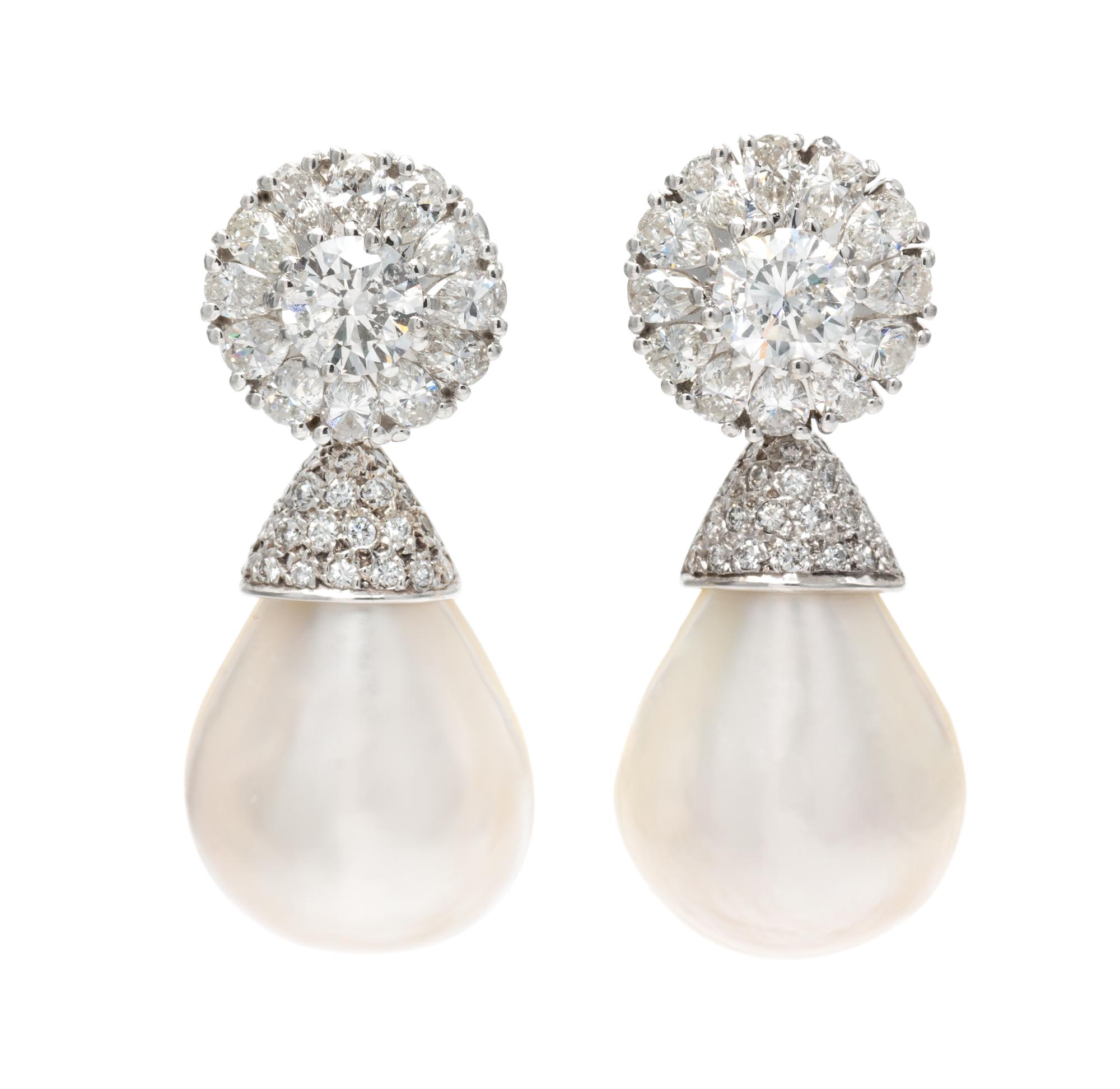 A Pair of 14 Karat White Gold and Diamond Convertible Day/Night Drop Earrings, 12.20 dwts.