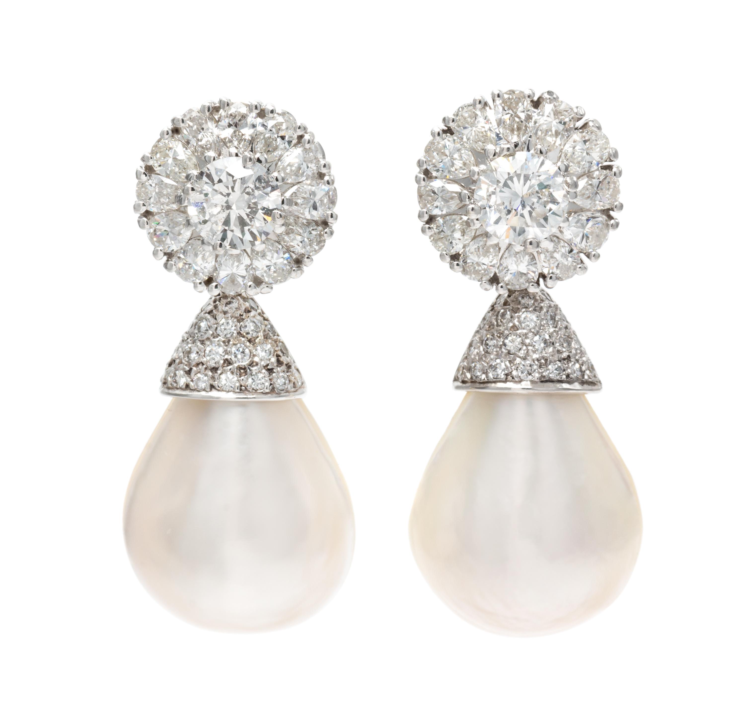 A Pair of 14 Karat White Gold and Diamond Convertible Day/Night Drop Earrings, 12.20 dwts.