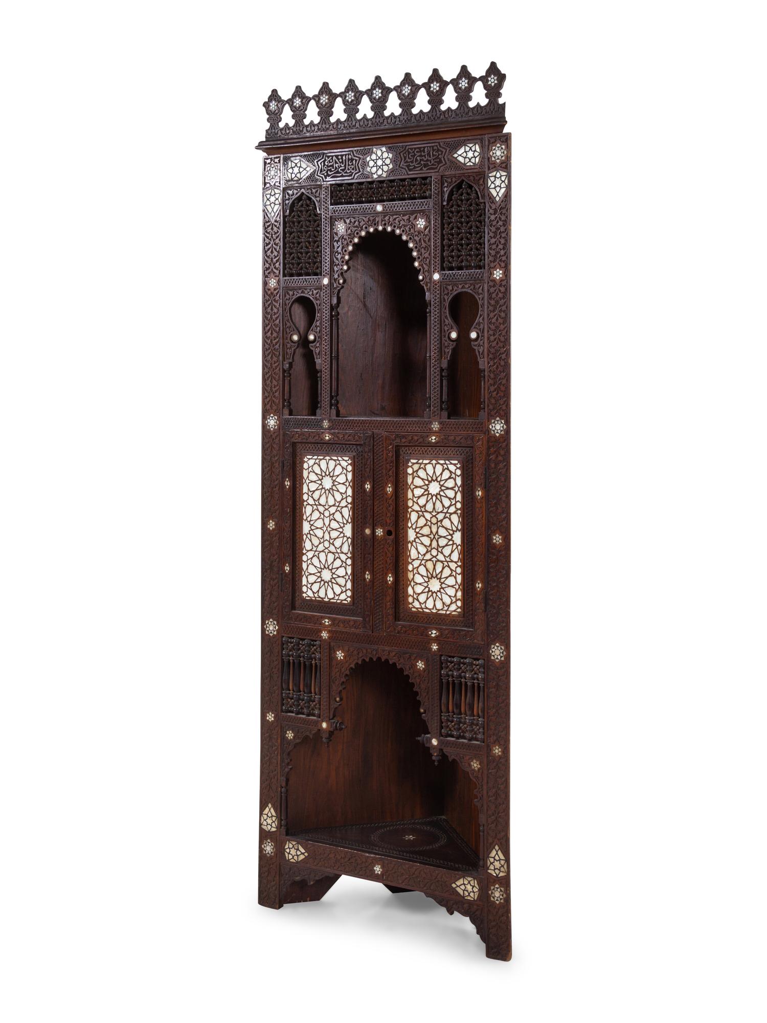 An Ottoman Turkish Carved and Inlaid Corner Cabinet