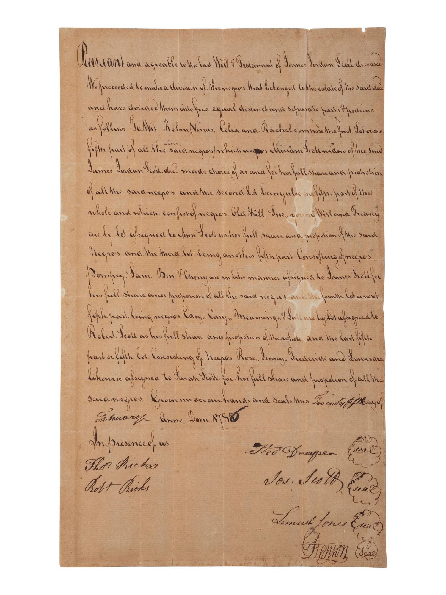 [ENSLAVEMENT & ABOLITION]. Legal document detailing the division of named enslaved individuals according to the last will and testament of their enslaver James Jordan Scott. Southampton Co., [VA], 25 Feb. 1786.