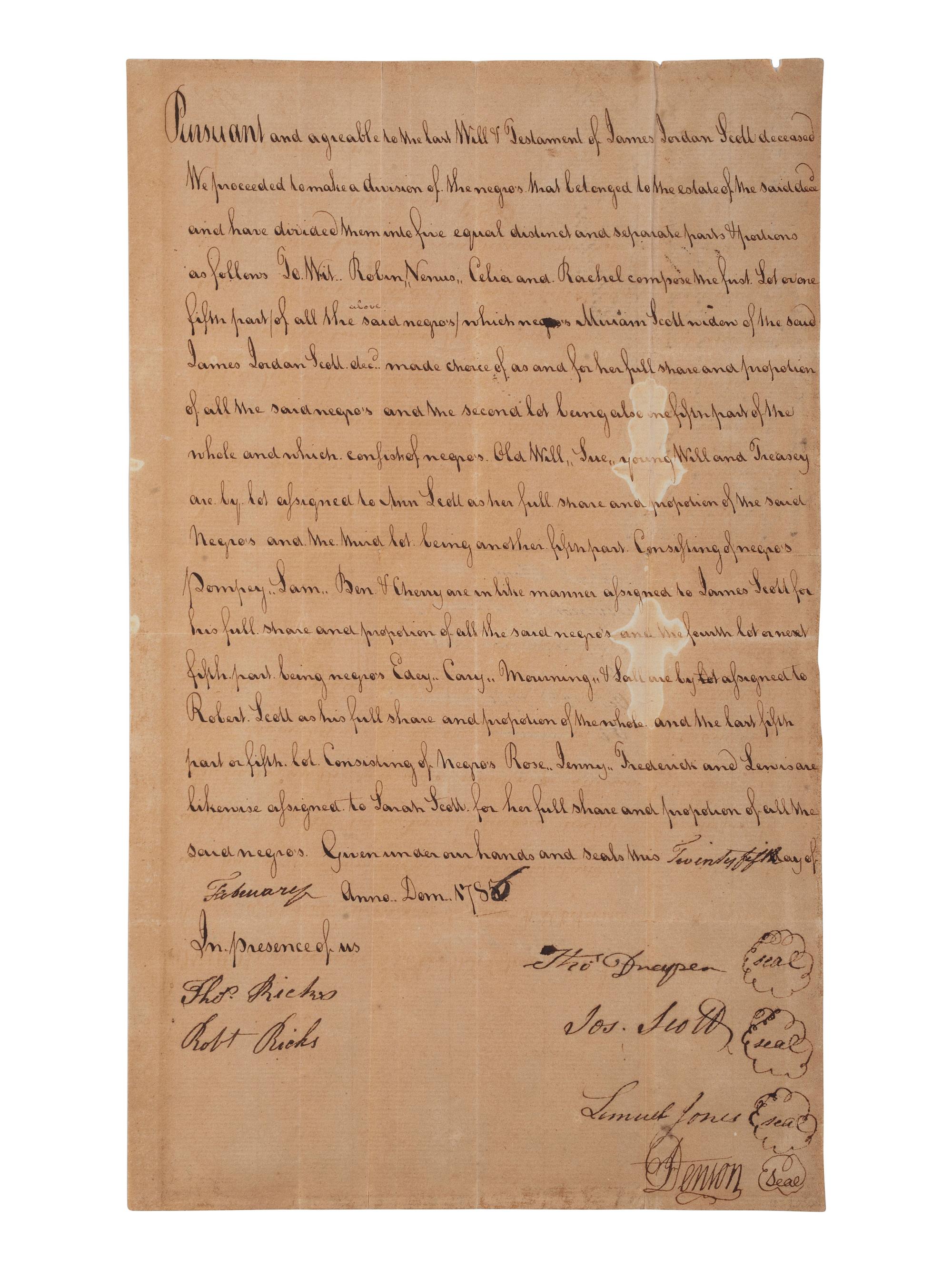 [ENSLAVEMENT & ABOLITION]. Legal document detailing the division of named enslaved individuals according to the last will and testament of their enslaver James Jordan Scott. Southampton Co., [VA], 25 Feb. 1786.