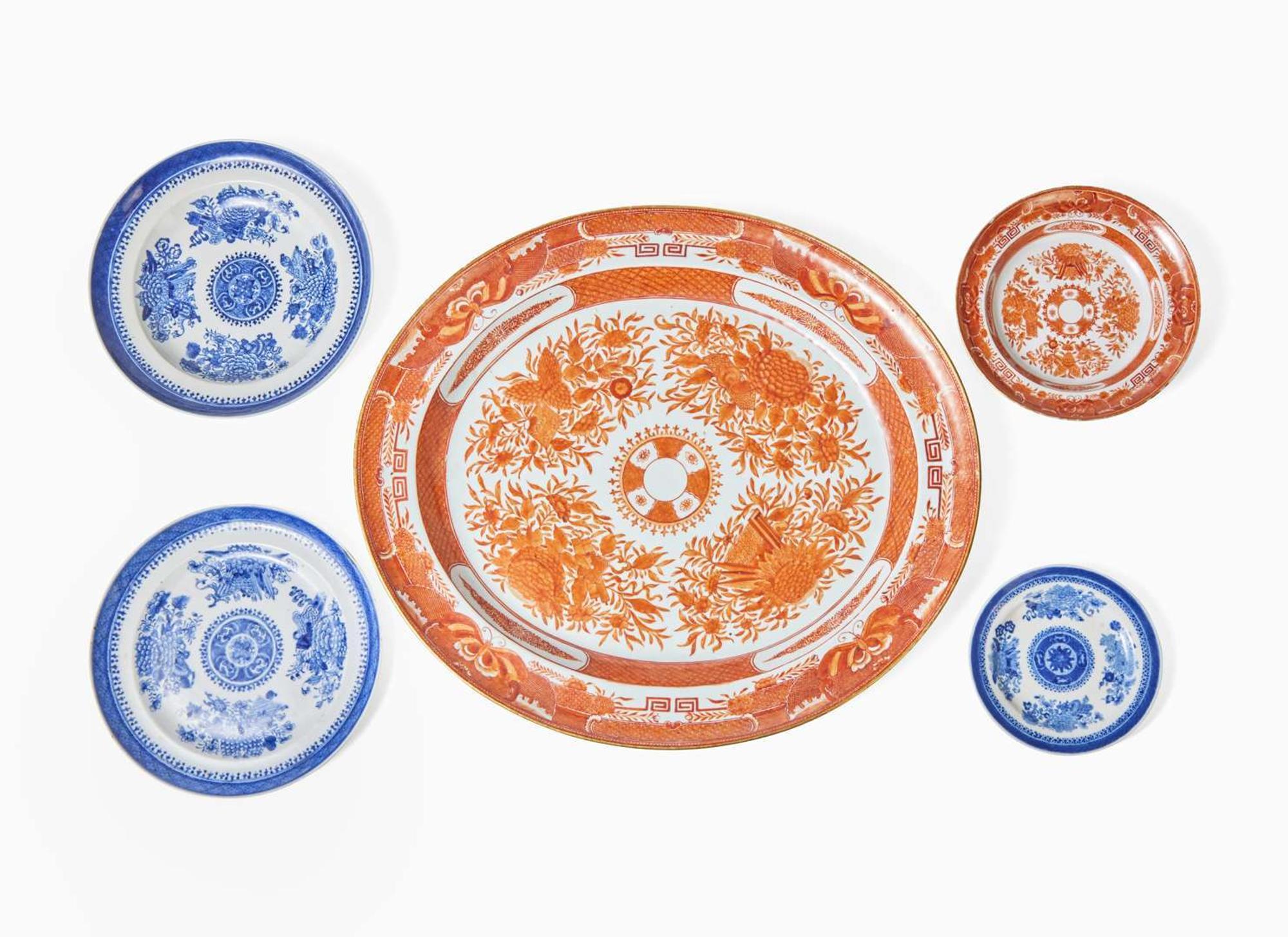 A group of five Chinese Export porcelain orange and blue "Fitzhugh" tablewares, circa 1800